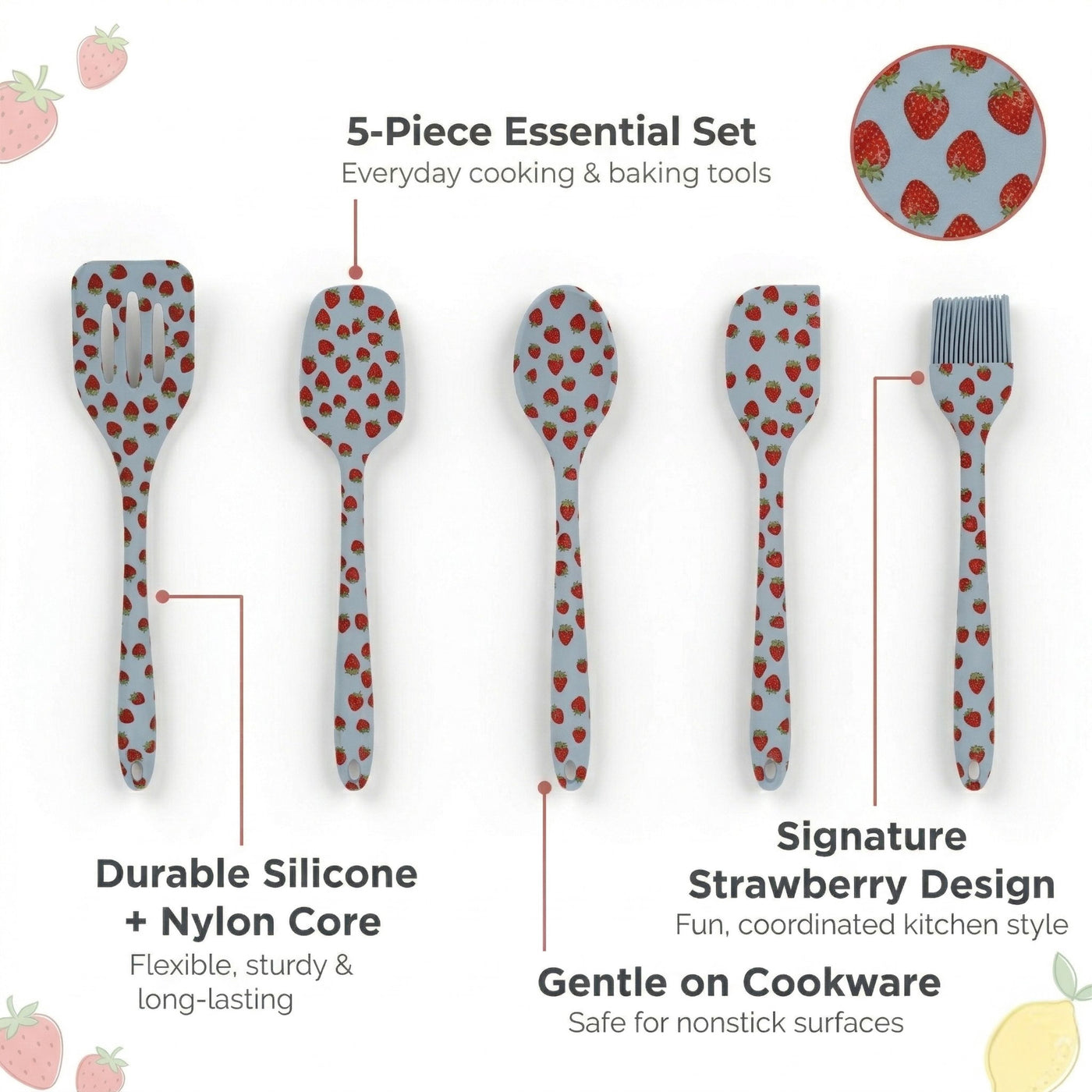 Just Feed Me By Jessie James Decker 5-Piece Silicone Kitchen Gadget Set, Strawberry, for Everyday Home Kitchen Cooking, Storage and Organization