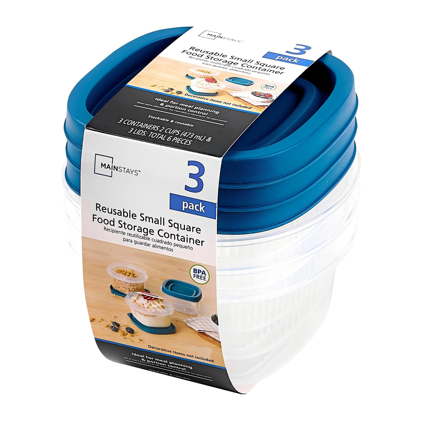 (2-pack) Reusable Food Storage Container, Small Square, Plastic, 3-Pack, 3 Containers with Lids, 2 Cups, Ideal for Snacks and Fresh Ingredients