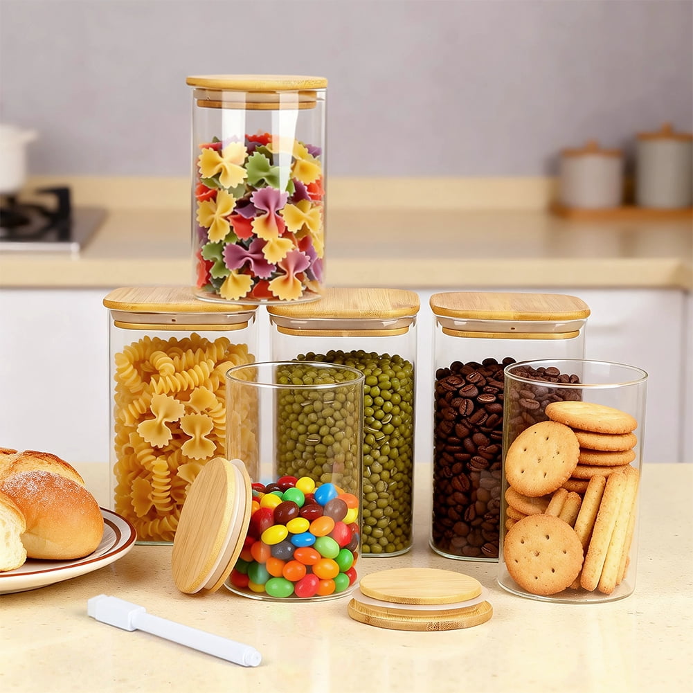 6-Pack Glass Storage Jars Set, 23oz and 37oz Clear Glass Food Storage Containers with Airtight Bamboo Lid, Stackable Kitchen Canisters for Candy