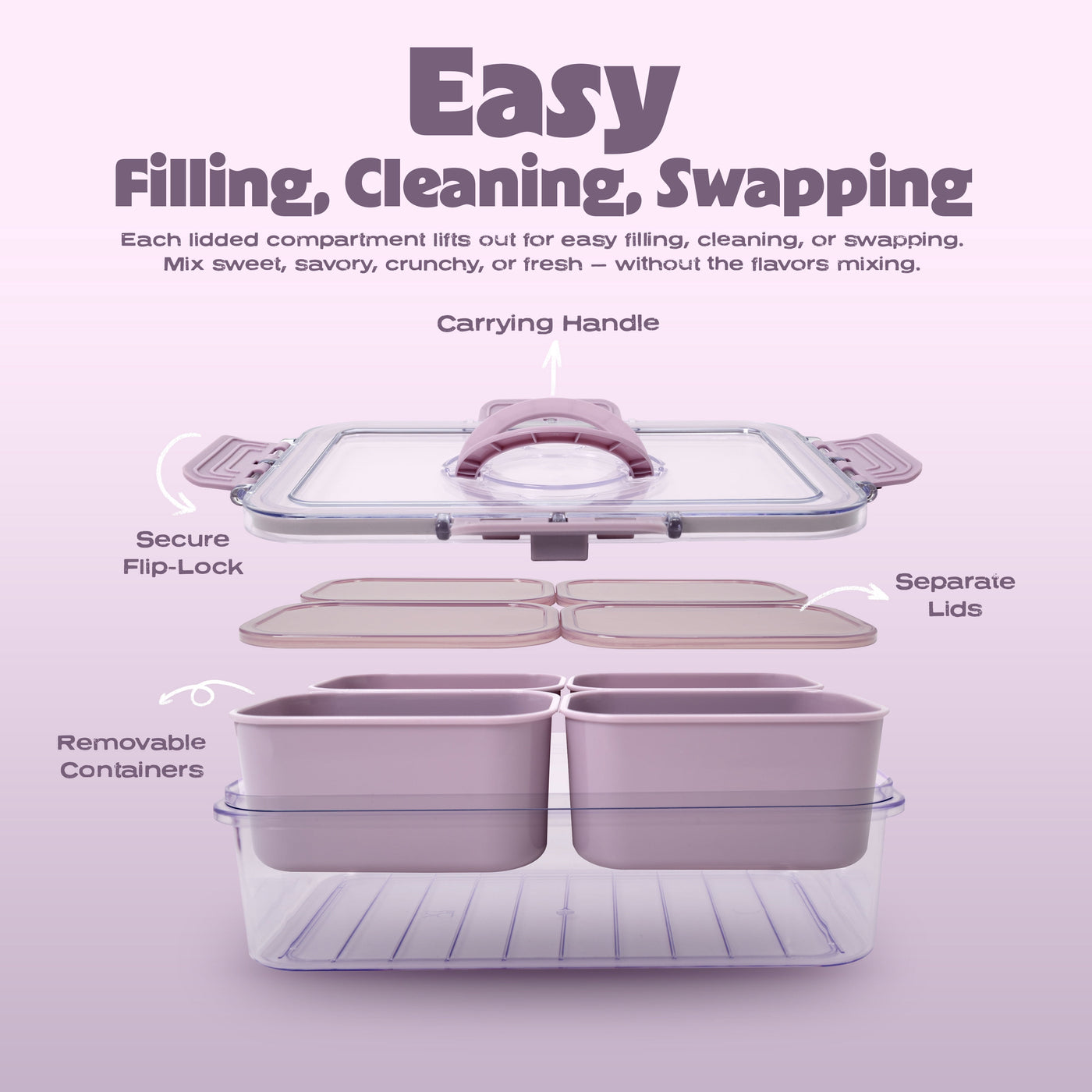 (2-pack) Cook with Color Purple Portable 4-Compartment Snack Food Storage Container, Portable and Dishwasher Safe with Ice Packs