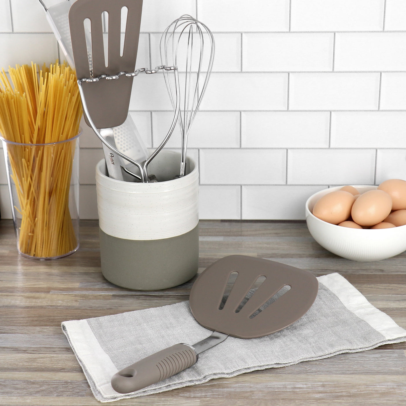 5-Piece Prep and Cook Kitchen Tool Set in Taupe, for Everyday Home Kitchen Cooking, Storage and Organization