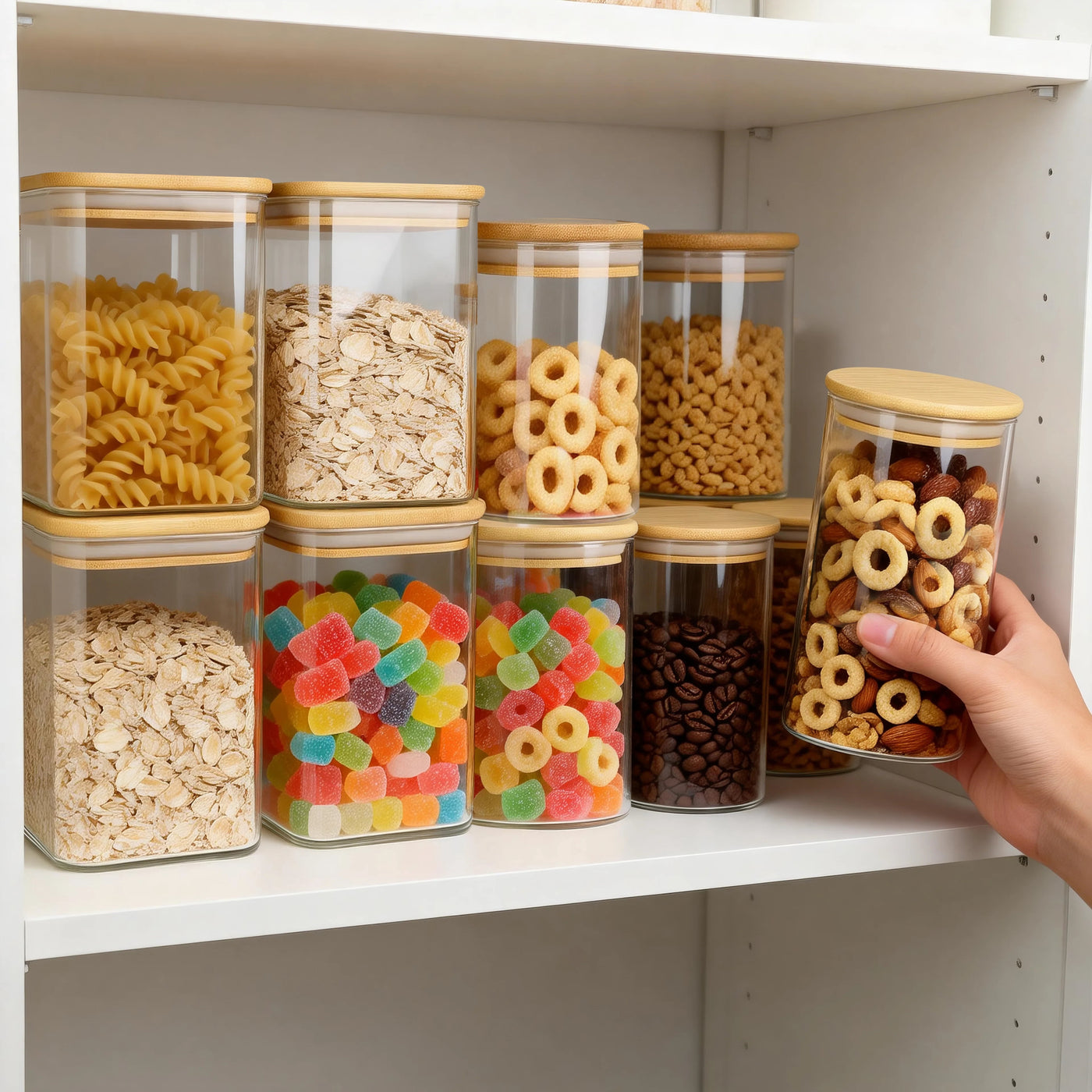 6-Pack Glass Storage Jars Set, 23oz and 37oz Clear Glass Food Storage Containers with Airtight Bamboo Lid, Stackable Kitchen Canisters for Candy
