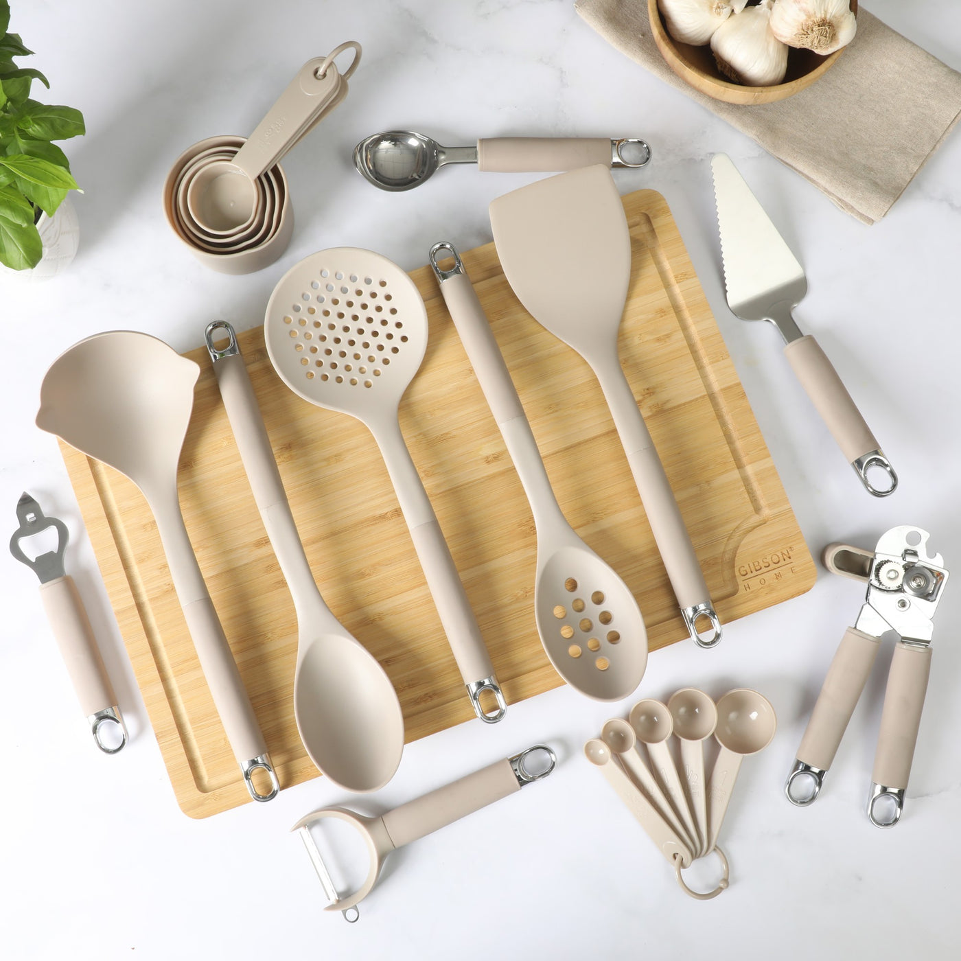 20-Piece Kitchen Gadget and Tool Set, Nylon Cooking Utensils with Spatulas, Ladle, Skimmer, Serving Spoons, Measuring Cups and Spoons, Can Opener