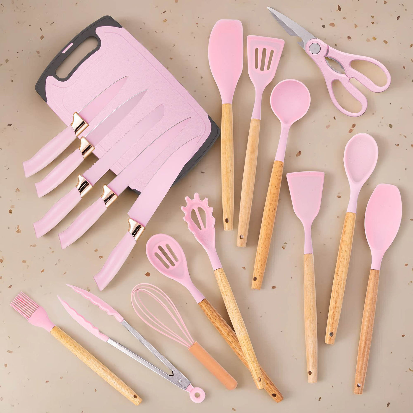 Heesem 19-Piece Silicone Kitchen Utensil and Knife Set, Heat-resistant Cooking Tools Nonstick Safe Gift for Mom or Women Pink