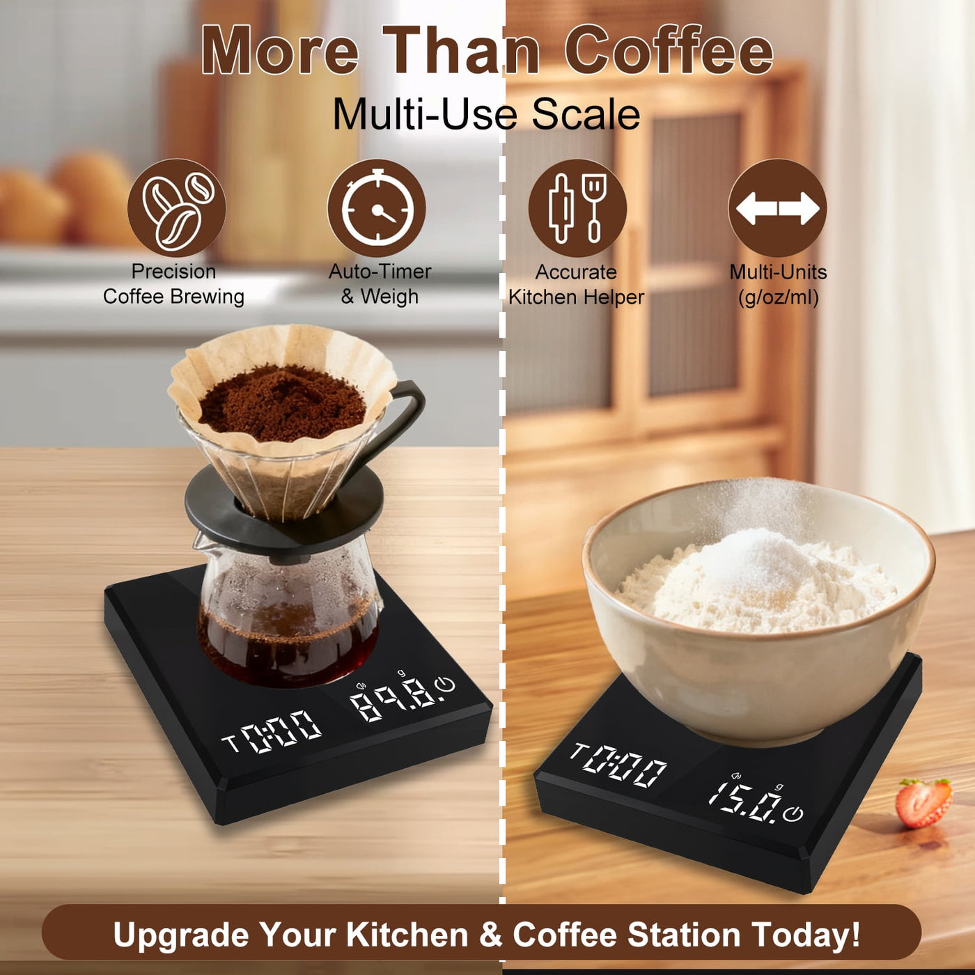 Coffee Scale with Timer, 2kg/0.1g Precision Digital Coffee Scale, USB Rechargeable, for Accurate Kitchen, Food and Portion Weighing