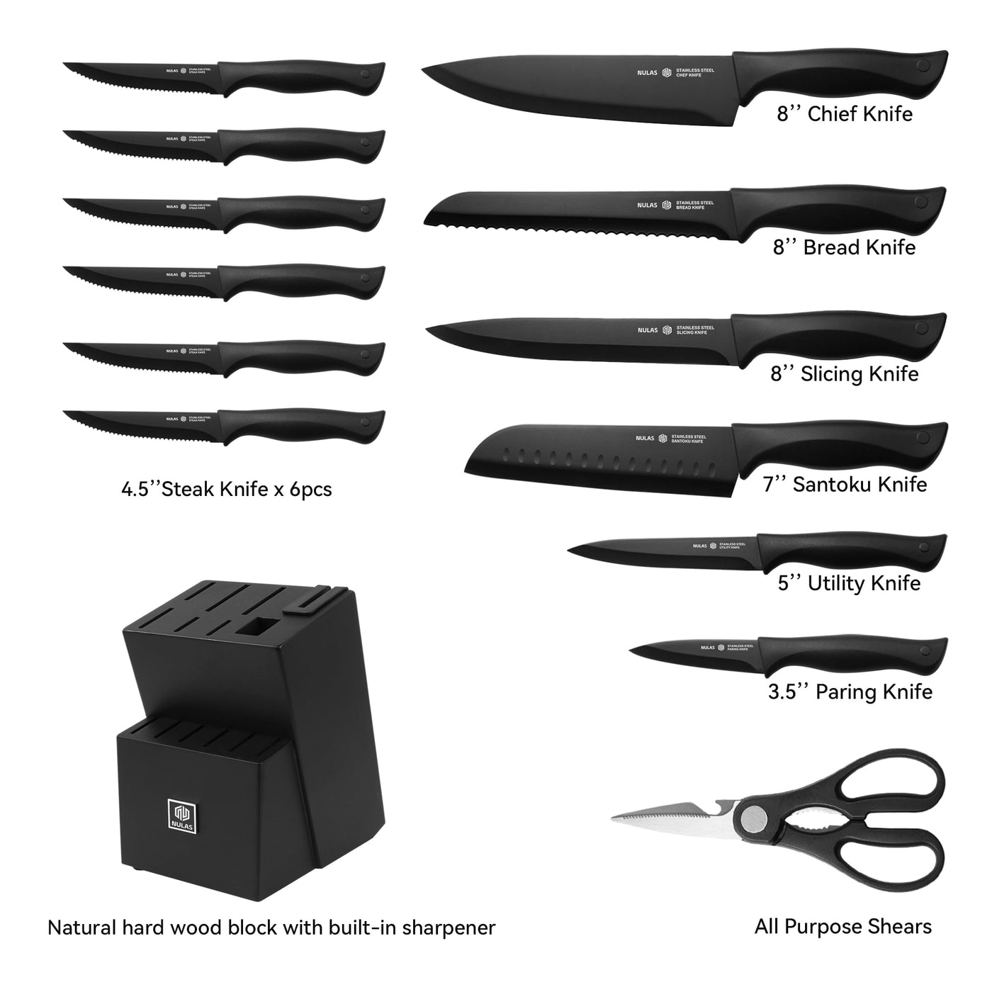 Set, 15-Piece Kitchen Knife Set with Block, Self-sharpening, Dishwasher Safe Knives and Anti-slip Handles, Black