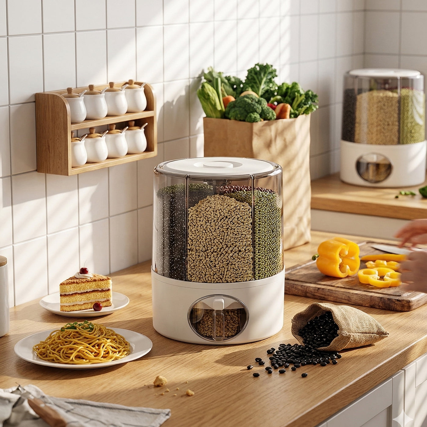 Riousery Rotating Grain and Rice Dispenser (holds 20+ Lbs), 6-Compartment Glass-like Clear Food Storage Container for Pantry Organization