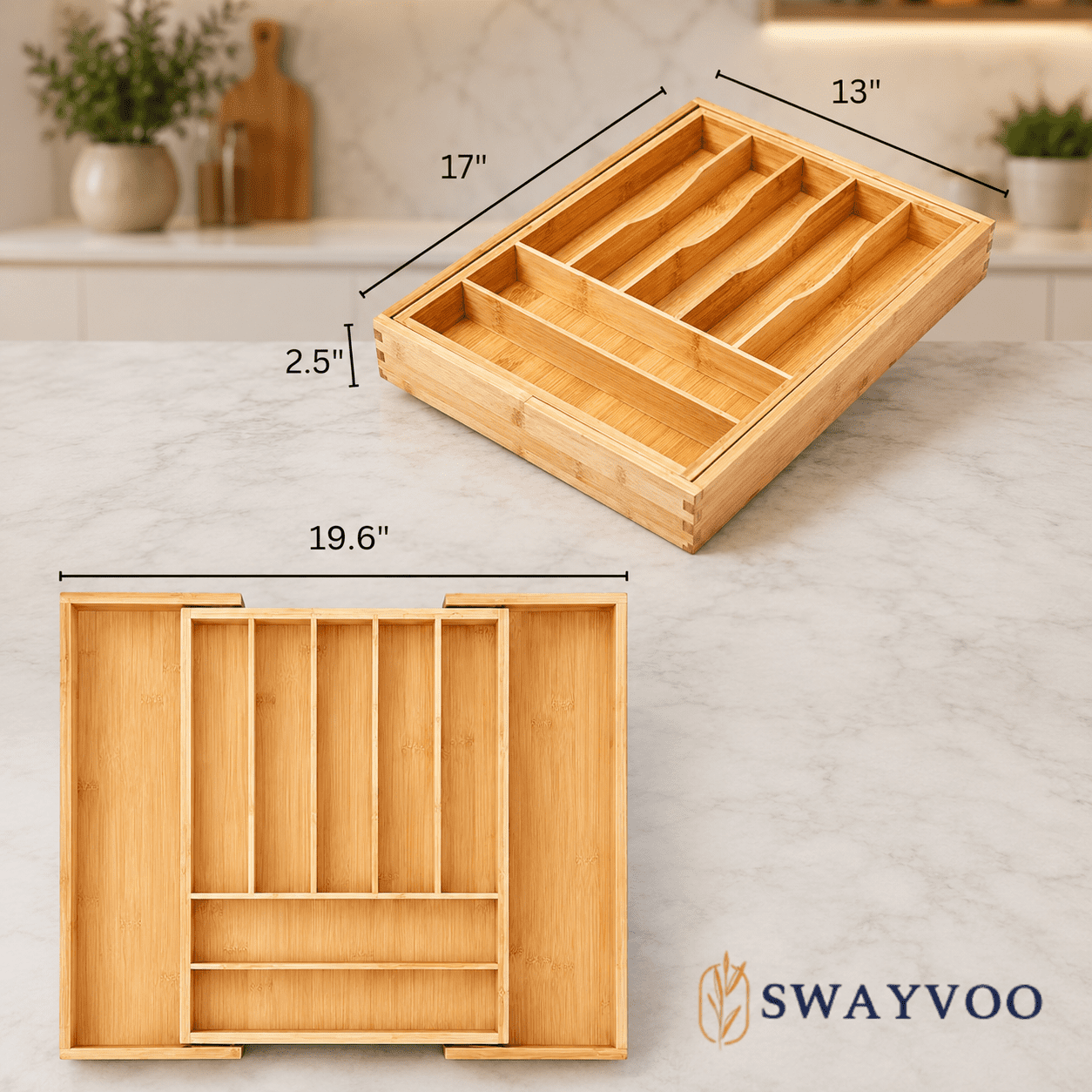 Bamboo Silverware Organizer, 9-Slot Expandable Kitchen Drawer Organizer, Utensil Holder and Cutlery Tray with Grooved Dividers, Knife Storage