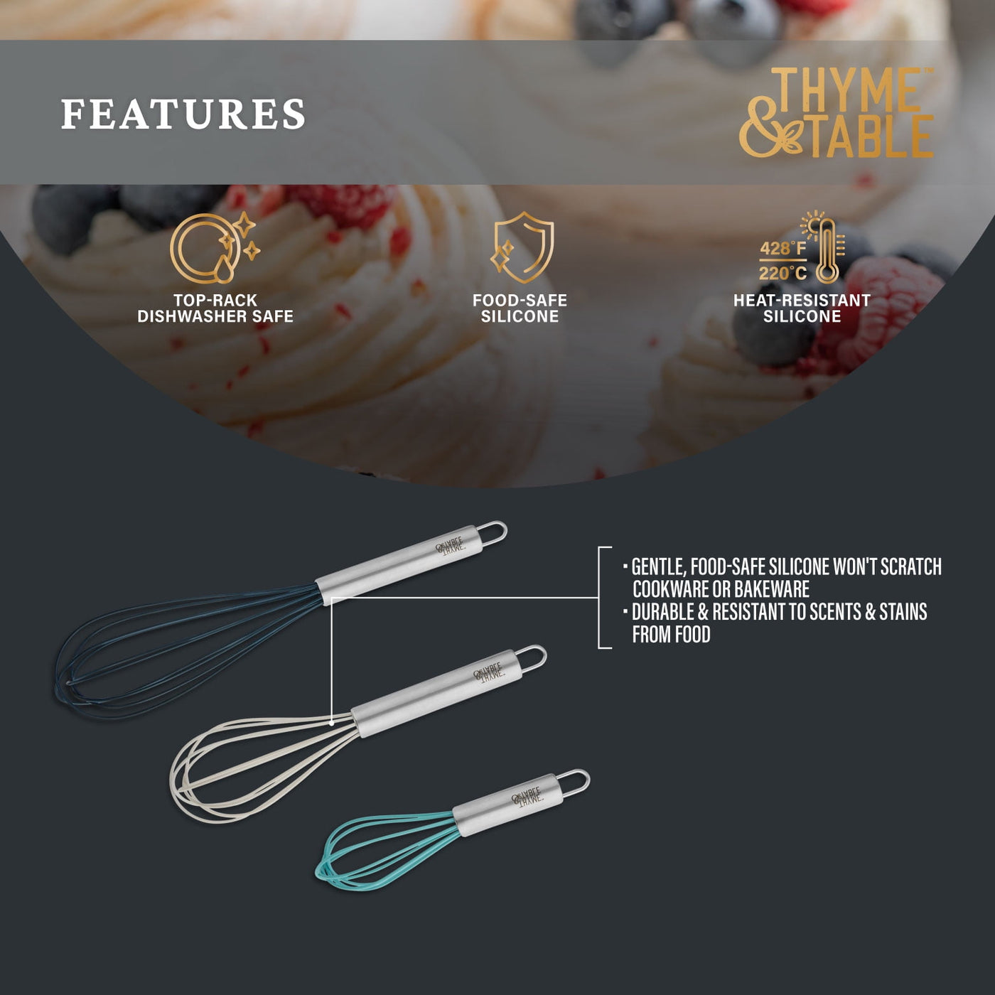 3-Piece Silicone Whisk Set, Multi Size, for Cooking, Mixing, Serving and Nonstick Cookware, Durable Design for Daily Home Use