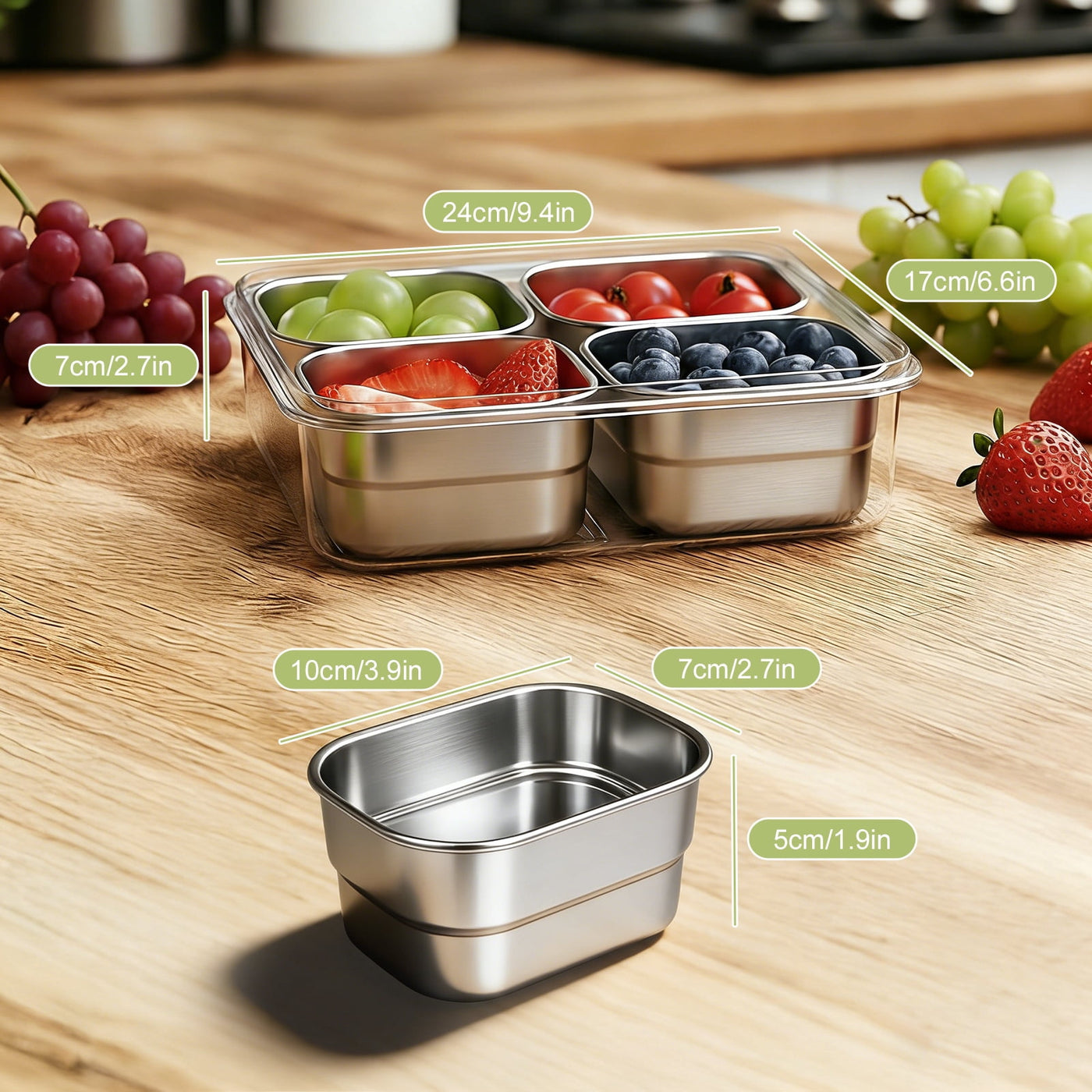 4‑Compartment Stainless Steel Snack Box with Lid, Food‑grade Divided Storage Container for Fruits, Nuts, Spices, and Meal Prep
