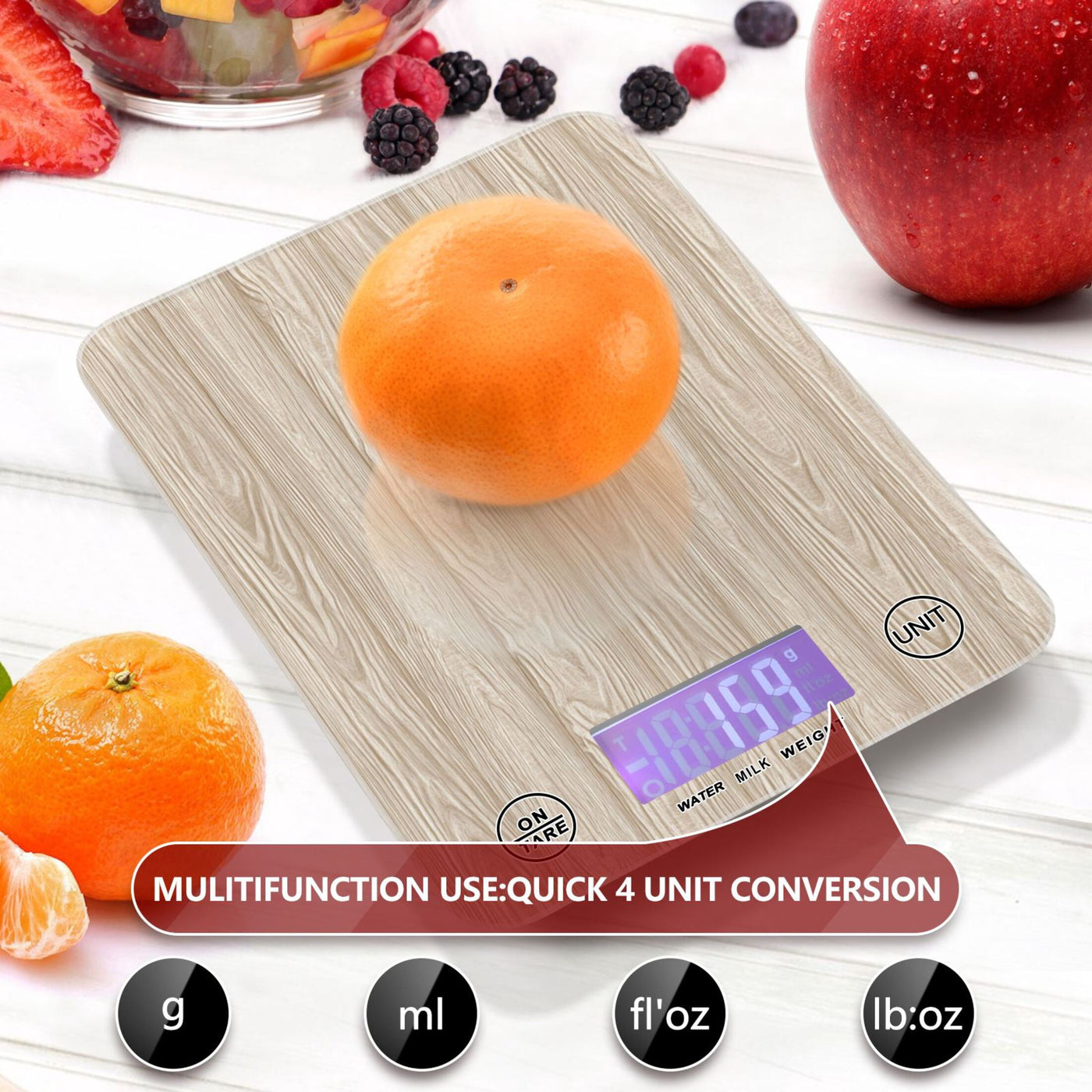 High Precision Digital Kitchen Scale Tempered Glass Food Scale Multifunction Scale Small Kitchen Appliances Beige Wood Grain Pattern
