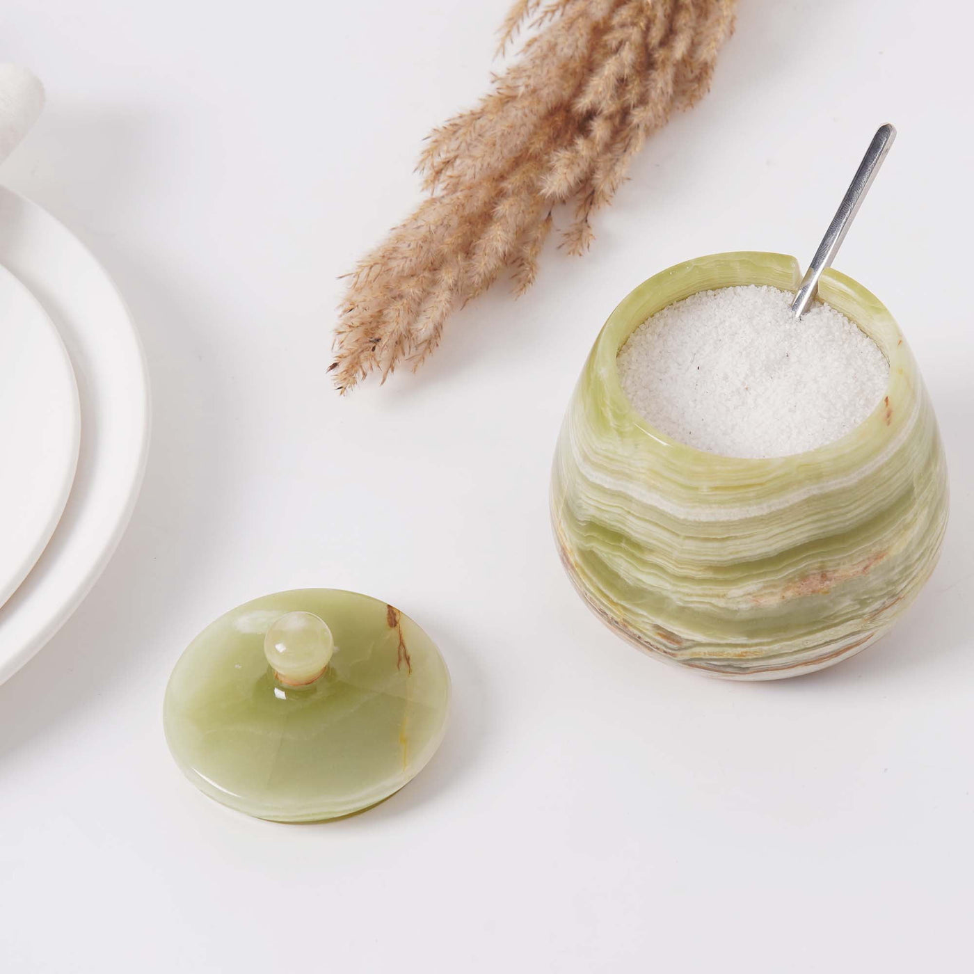 Marble Salt Cellar with Lid 4.5 Inch Green Onyx Salt Jar and Table Salt Storage for Kitchen Countertop, Ideal Salt Container