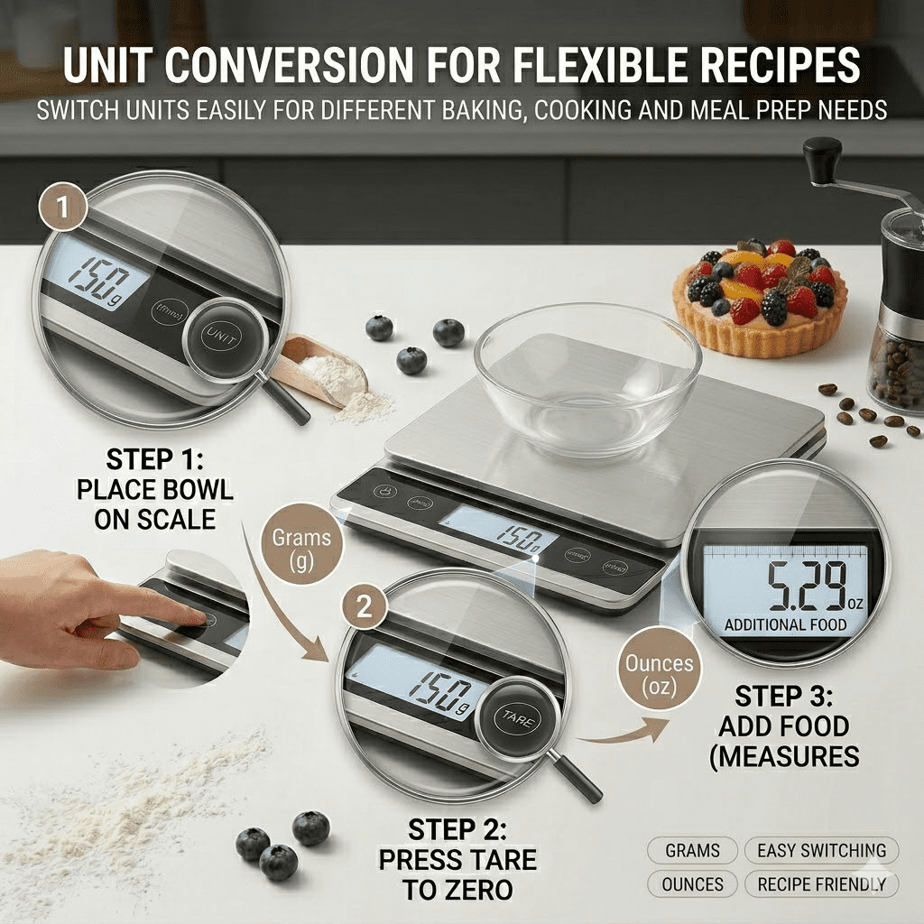 Digital Food Scale, 5kg/11lb Kitchen Scale for Grams and Ounces, 1g/0.05oz Accuracy, Stainless Steel Food Weight Scale with Tare Function, LCD Display