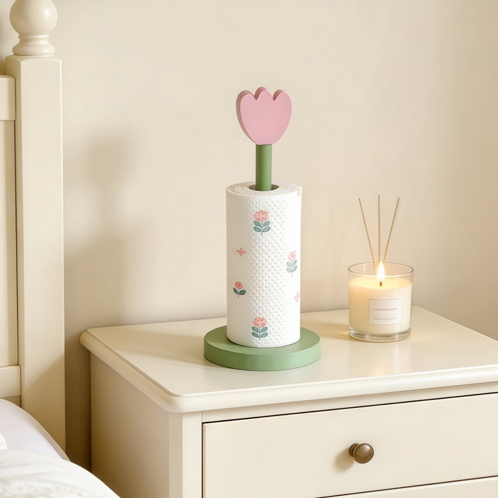 Wooden Paper Towel Holder Countertop, Rustic Standing Paper Towel Roll Stand with Pink Flower Design for Kitchen, Bathroom, Bar