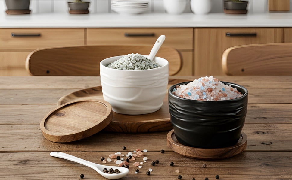 2-Piece Ceramic Salt and Pepper Containers Set, Japanese-style Spice Jar with Wooden Lid, Kitchen Spice Organizers and Storage, Dual Spoons
