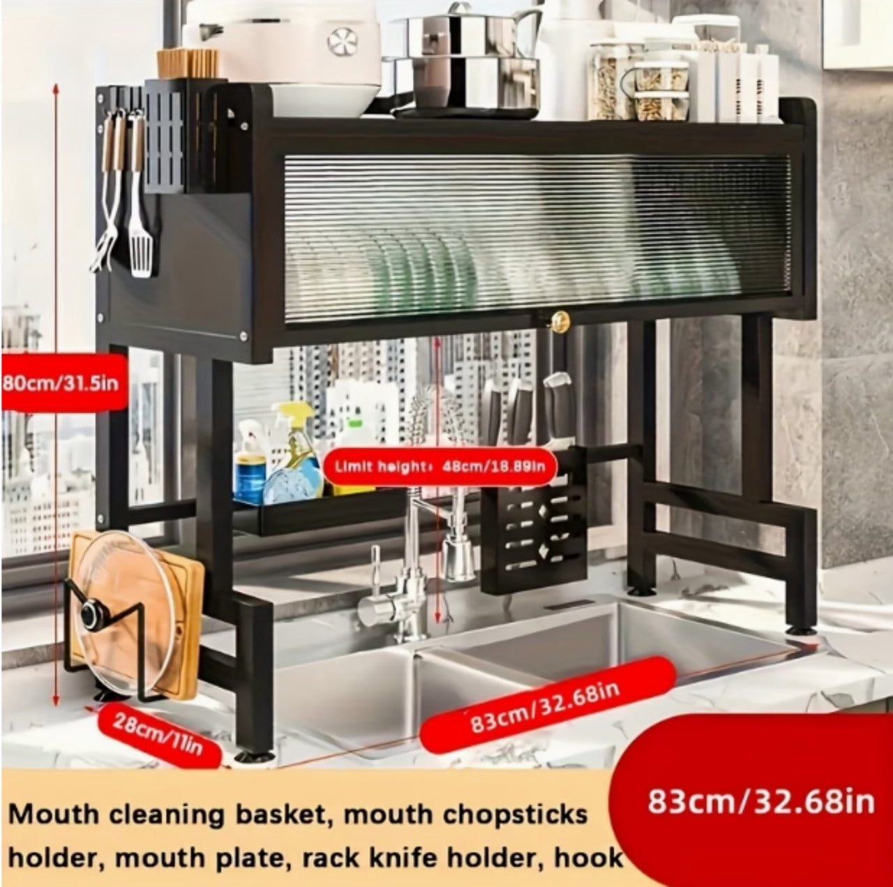 Over The Sink Dish Drying Rack, 3-Tier Carbon Steel Kitchen Storage Cabinet with Cover, Heavy-duty Large Capacity Dish Drain Shelf for Kitchen Sink