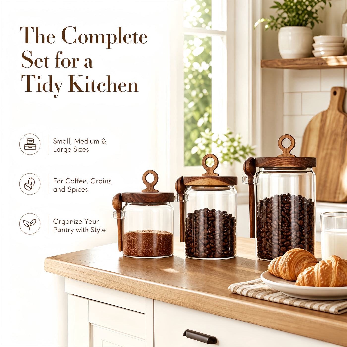 3-Pack Glass Coffee Storage Jars with Pull Ring Wooden Lids and Attached Spoons, Airtight Clear Glass Canisters with Wood Scoop Holder for Coffee