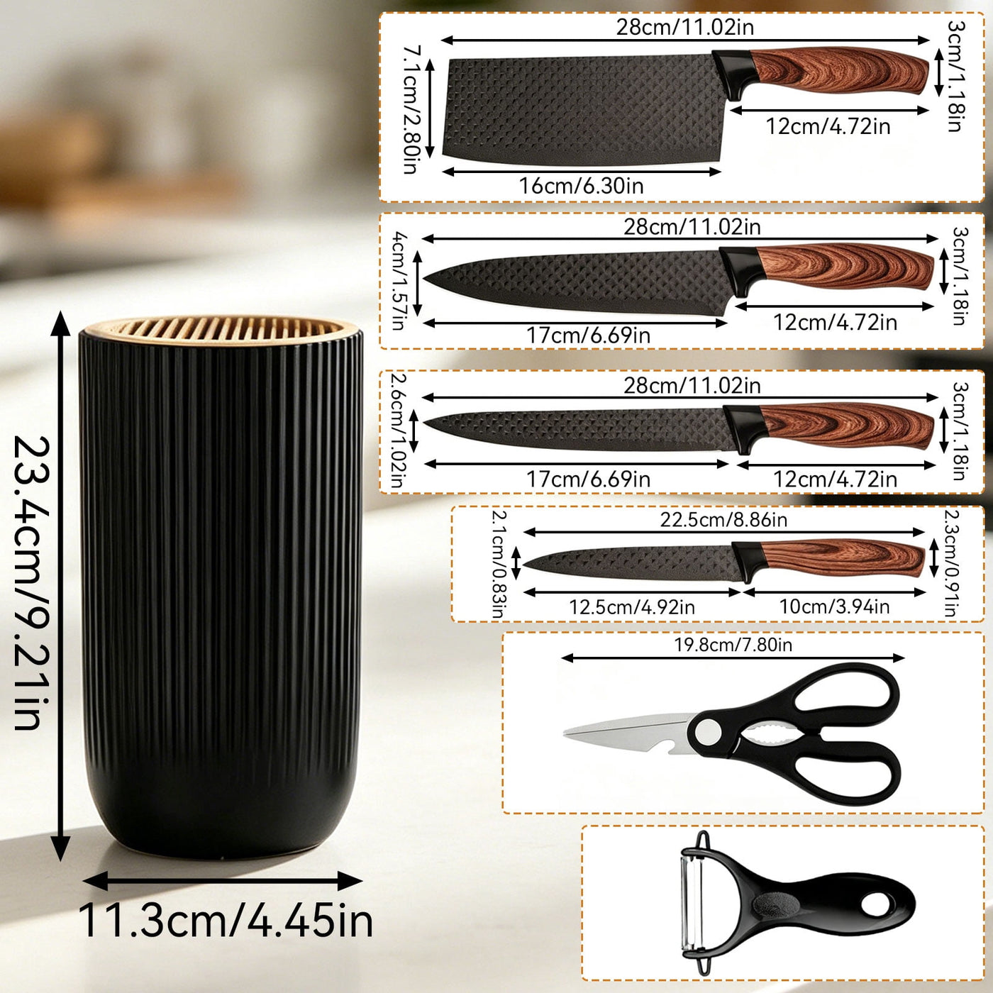 Set, 7-Piece Kitchen Knife Set with Universal Knife Block for Home Restaurant, for Chopping, Slicing and Everyday Food Preparation
