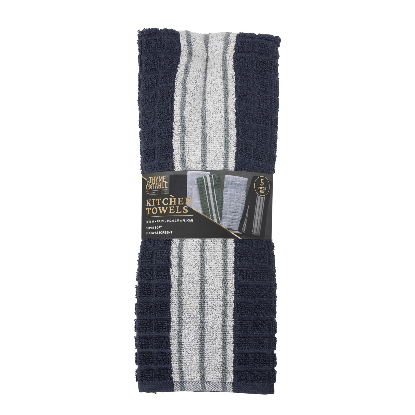 5-Pack Kitchen Towels, Navy, Green, and White Cotton Set, for Drying Dishes, Wiping Counters and Everyday Kitchen Cleaning