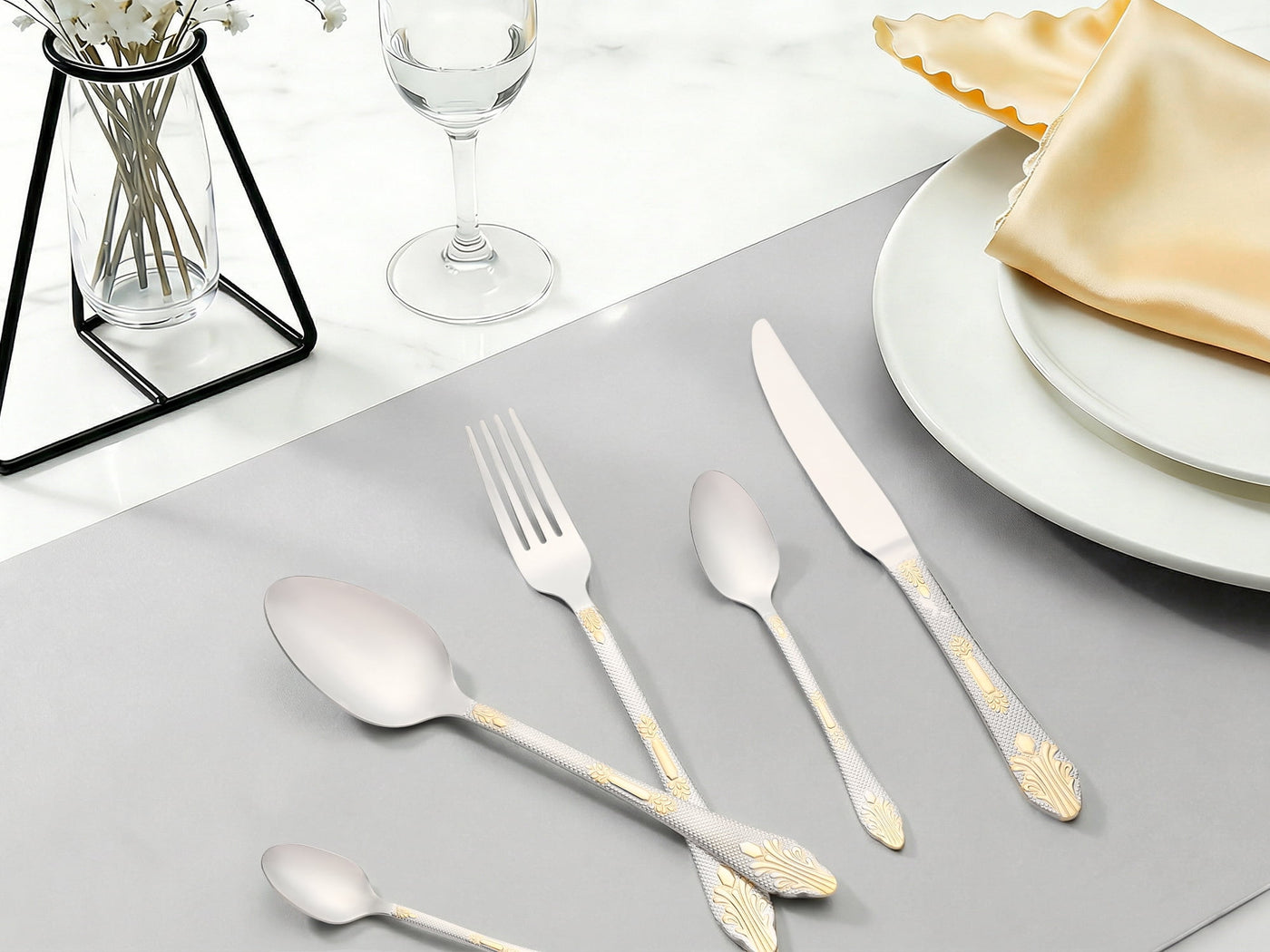 20-Piece Stainless Steel Floral Flatware Set for 4 Silver/Gold, for Everyday Home Kitchen Cooking, Storage and Organization