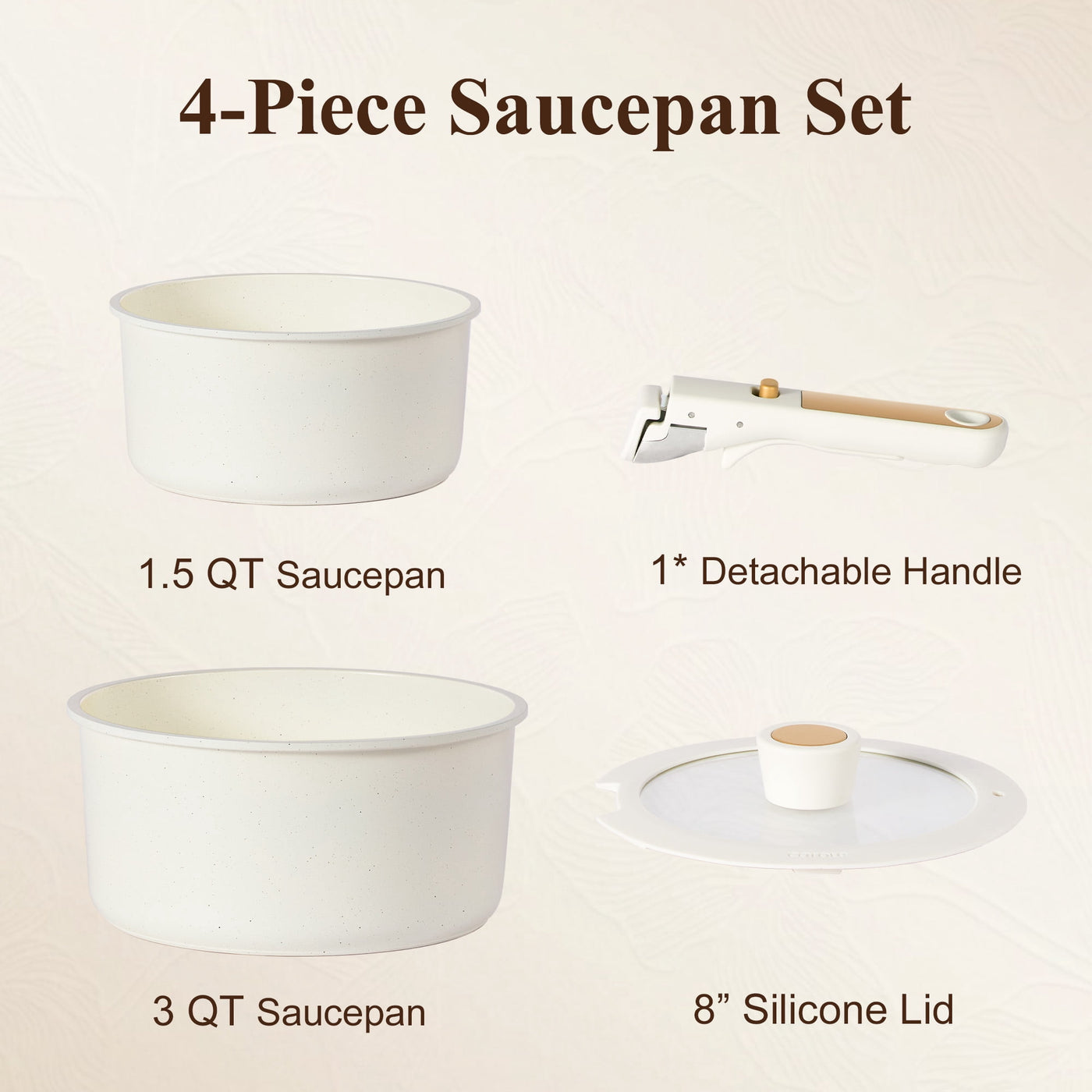 Ceramic Nonstick Cookware Set with Induction, 4-Piece Set with Detachable Saucepan and Lid, Oven Safe, Dishwasher Safe, Cream White