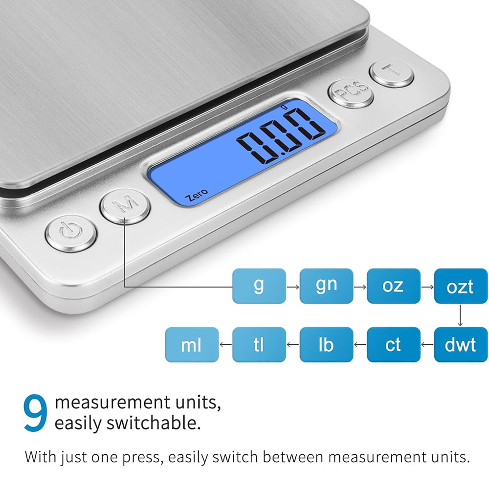 Digital Gram Scale with 2 Trays, 2000g/ 0.1g Small Jewelry Scale, 9 Units Gram Scales Digital Weight Gram and Oz, Tare Function
