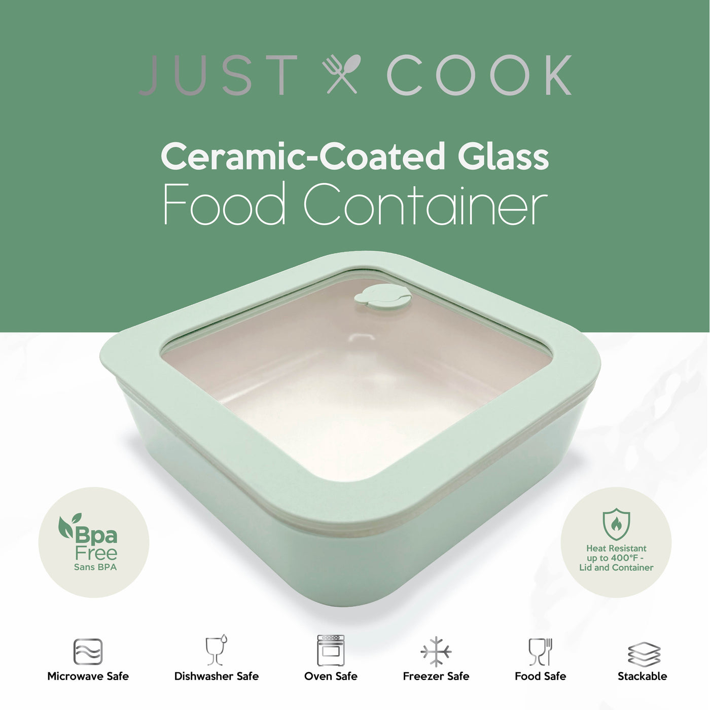 Just Cook Ceramic Glass 2.5-Cup Square Food Storage Container for Meal Prep and Leftovers, Small, for Pantry Organization