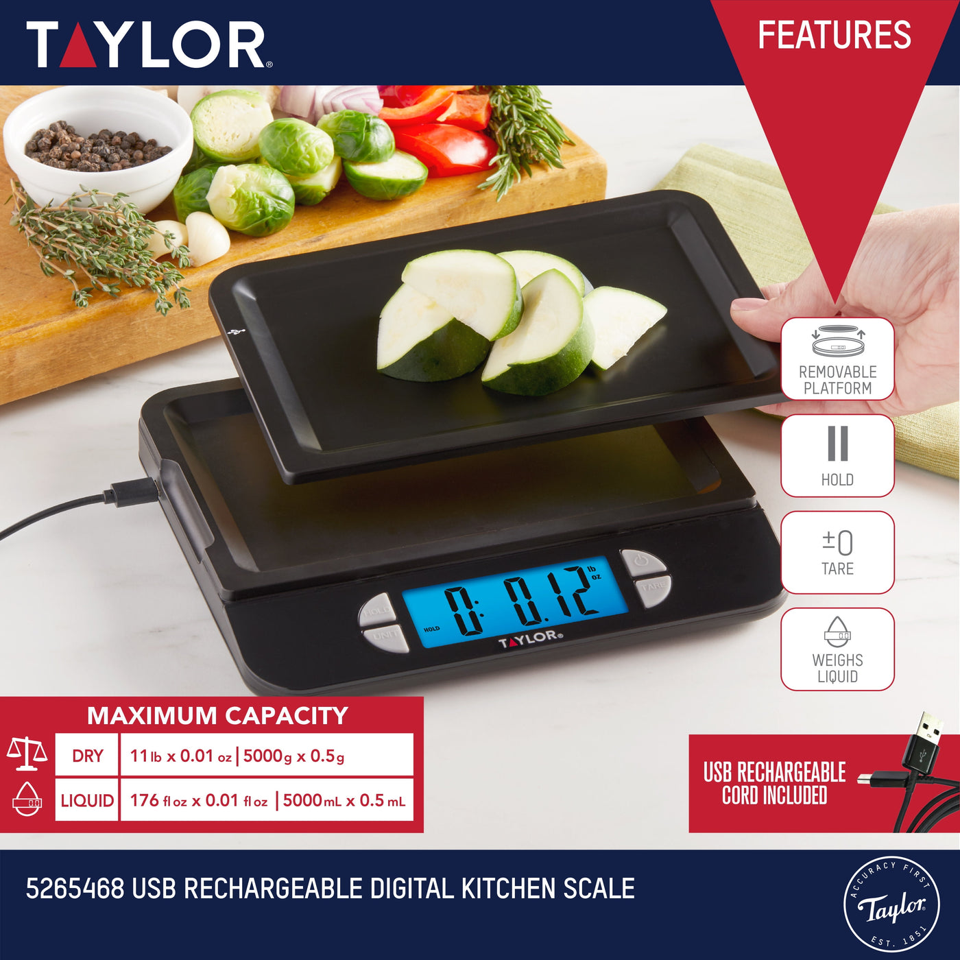 USB Rechargeable Precision Digital Kitchen Scale and Food Scale, 11 Lb. Capacity Black, for Accurate Kitchen, Food and Portion Weighing