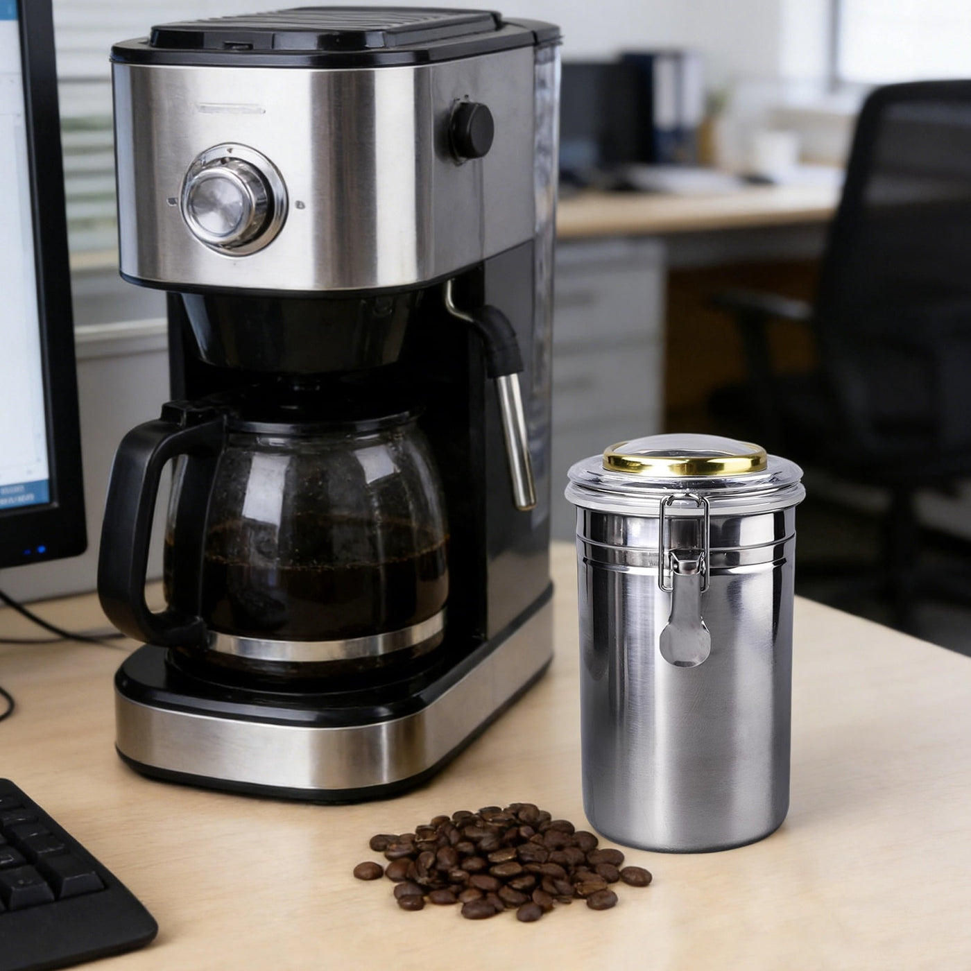 Stainless Steel Canister with Humidifier and Hygrometer, Airtight Food Storage Container, 6.8 in / 17.3 Cm High Coffee Bean Container