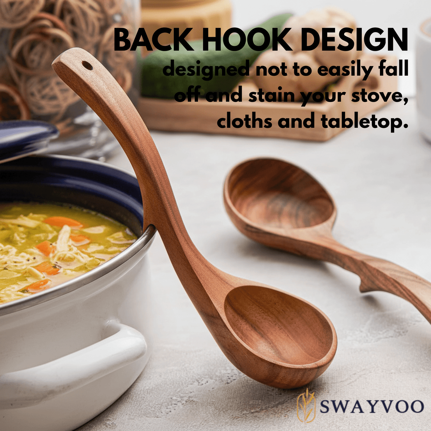 Wooden Ladle Set, Wooden Spoons for Cooking, 3-Piece 100% Natural Teak Soup Ladle and Serving Utensils, Small Medium Large, Heat Resistant