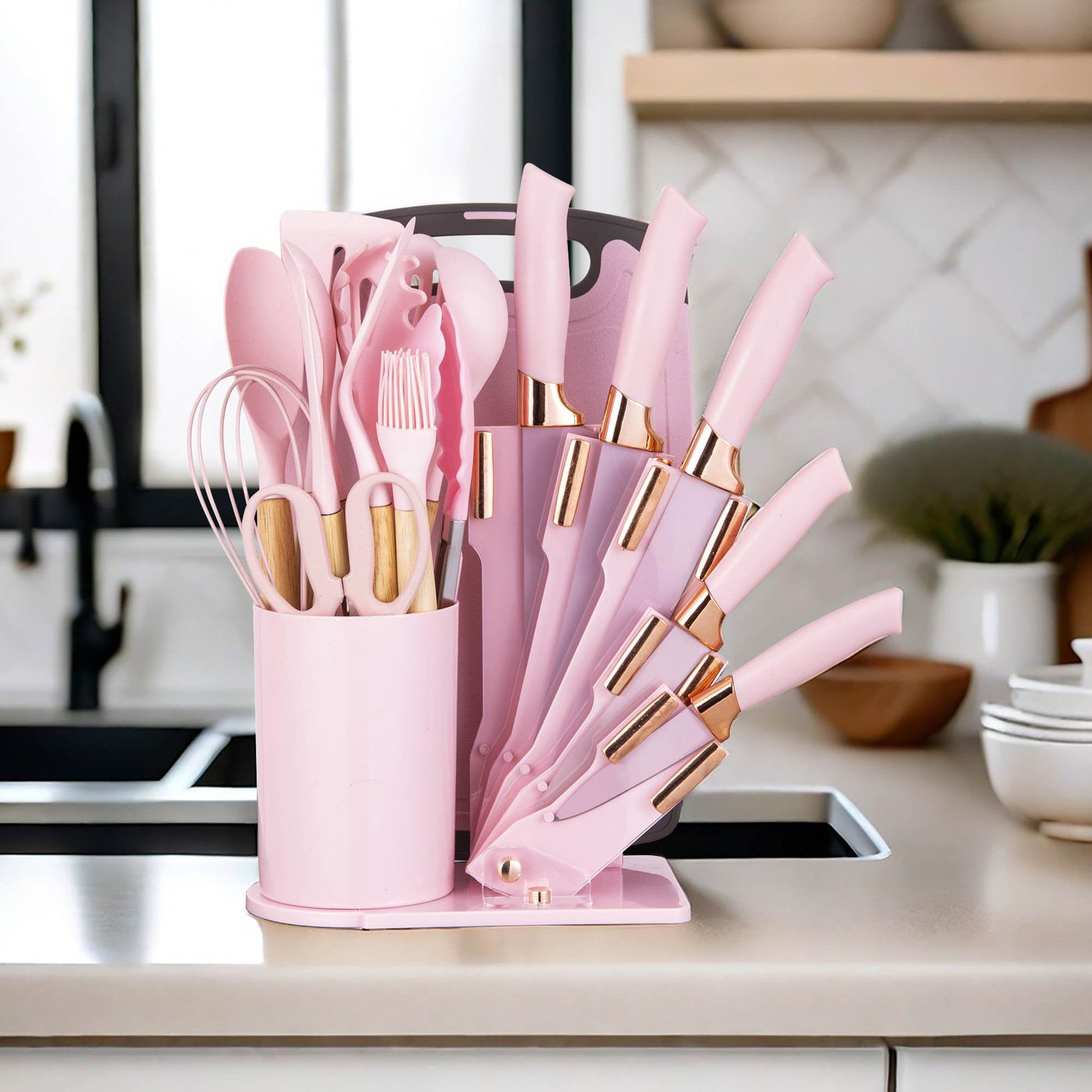 Heesem 19-Piece Silicone Kitchen Utensil and Knife Set, Heat-resistant Cooking Tools Nonstick Safe Gift for Mom or Women Pink