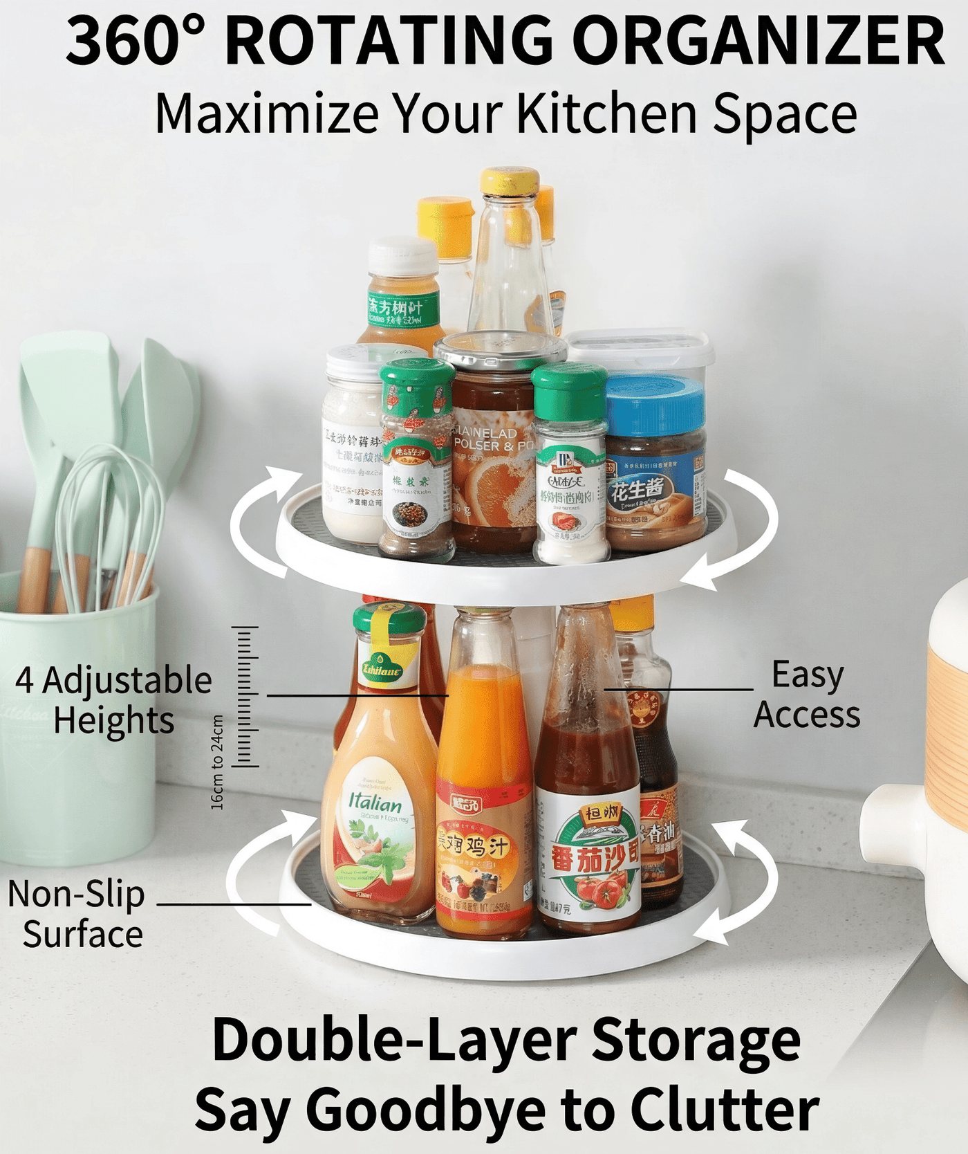 2 Tier Lazy Susan Turntable Organizer 10'' Rotating Spice Rack Organization for Cabinet, Kitchen, Pantry, Countertop, Bathroom, Vanity