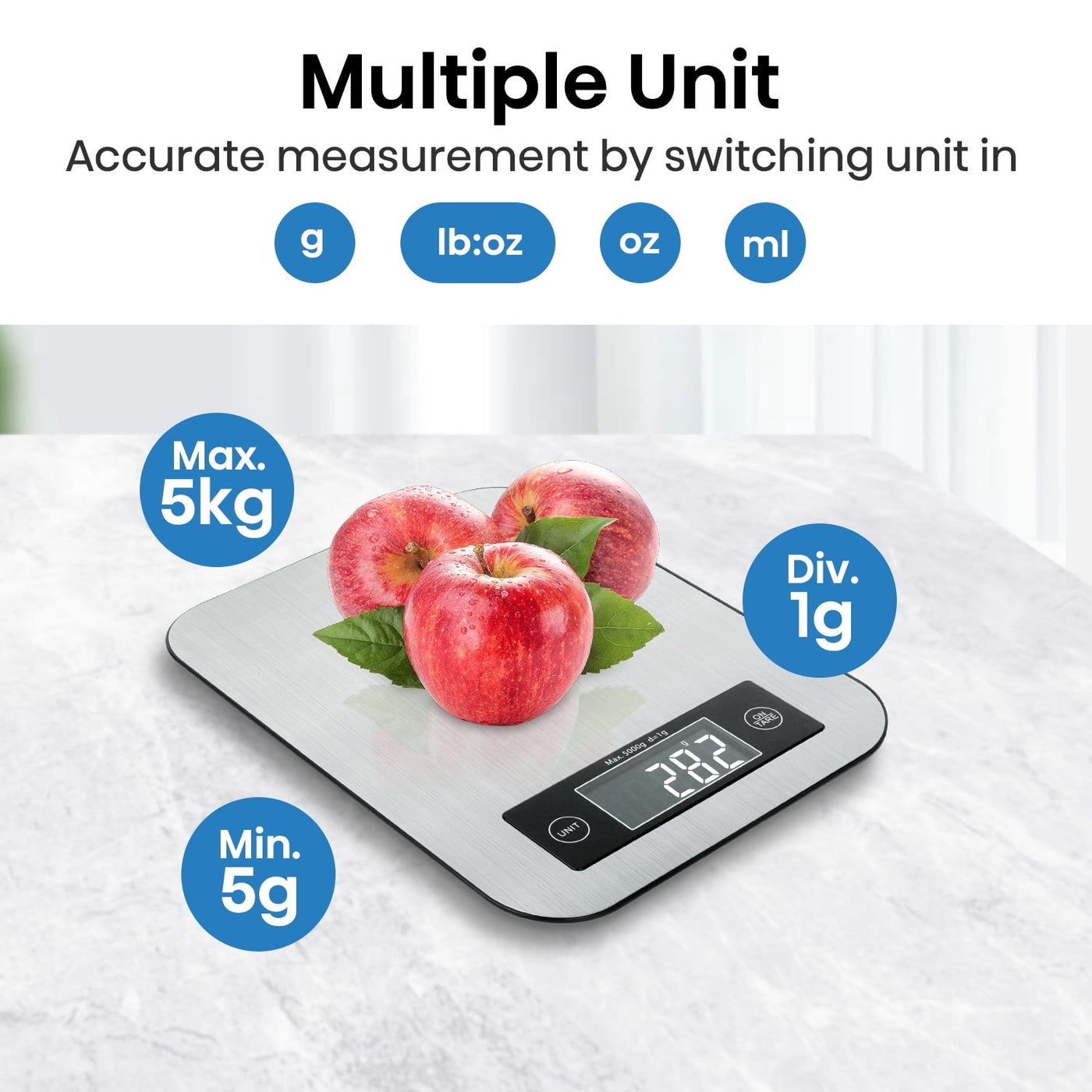 Digital Kitchen Scale with App, Bluetooth Smart Food Weight Scale, Stainless Steel, Metal, 11lbs/5kg