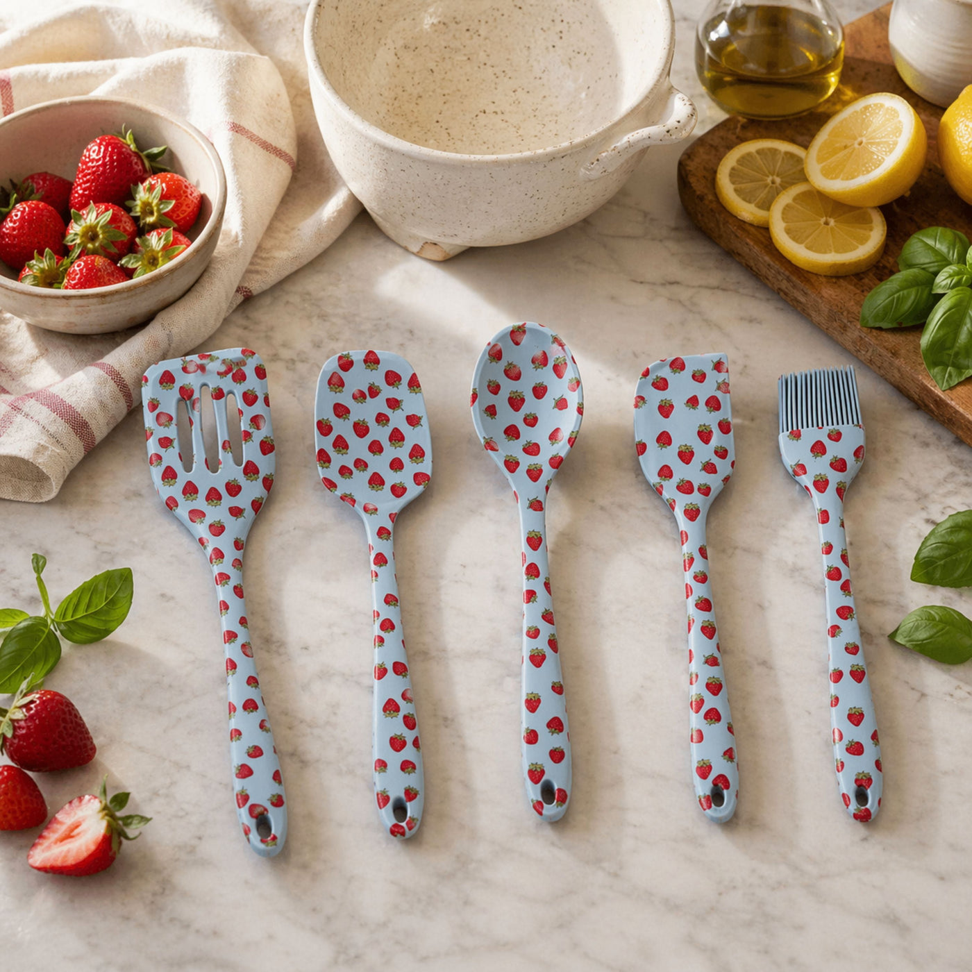 Just Feed Me By Jessie James Decker 5-Piece Silicone Kitchen Gadget Set, Strawberry, for Everyday Home Kitchen Cooking, Storage and Organization