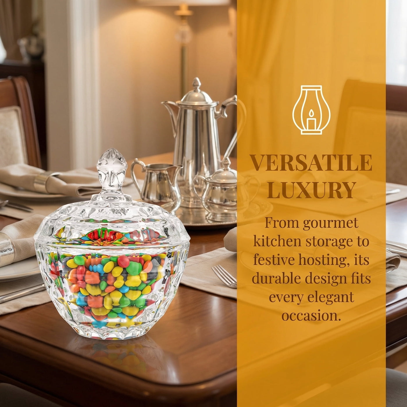 Glass Candy Dish with Lid Decorative Covered Food Storage Organization Clear Sugar Bowl Container Crystal Glass Candy Jar for Home Kitchen Party