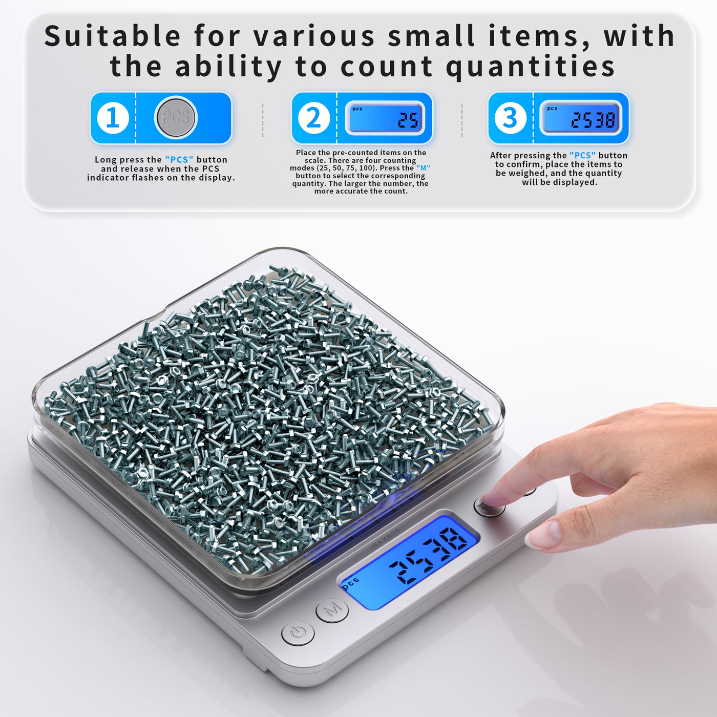 High Precision Digital Kitchen Scale, 6.6lb/3000g Jewelry Scale, Stainless Steel, Backlit Lcd, for Accurate Kitchen, Food and Portion Weighing