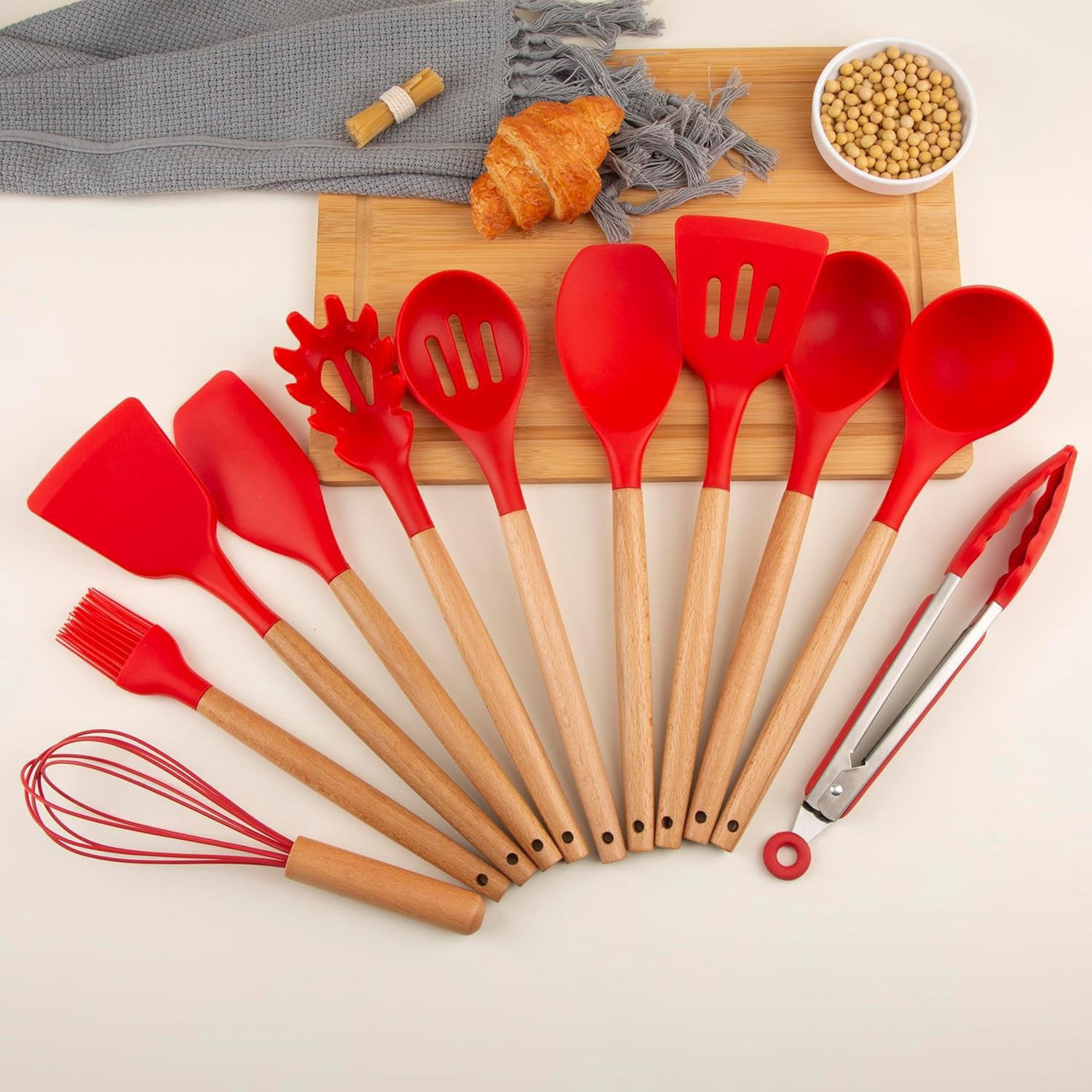 12-Piece Silicone Cooking Utensils Set with Wooden Handles, Heat Resistant Nonstick Kitchen Gadgets, Red