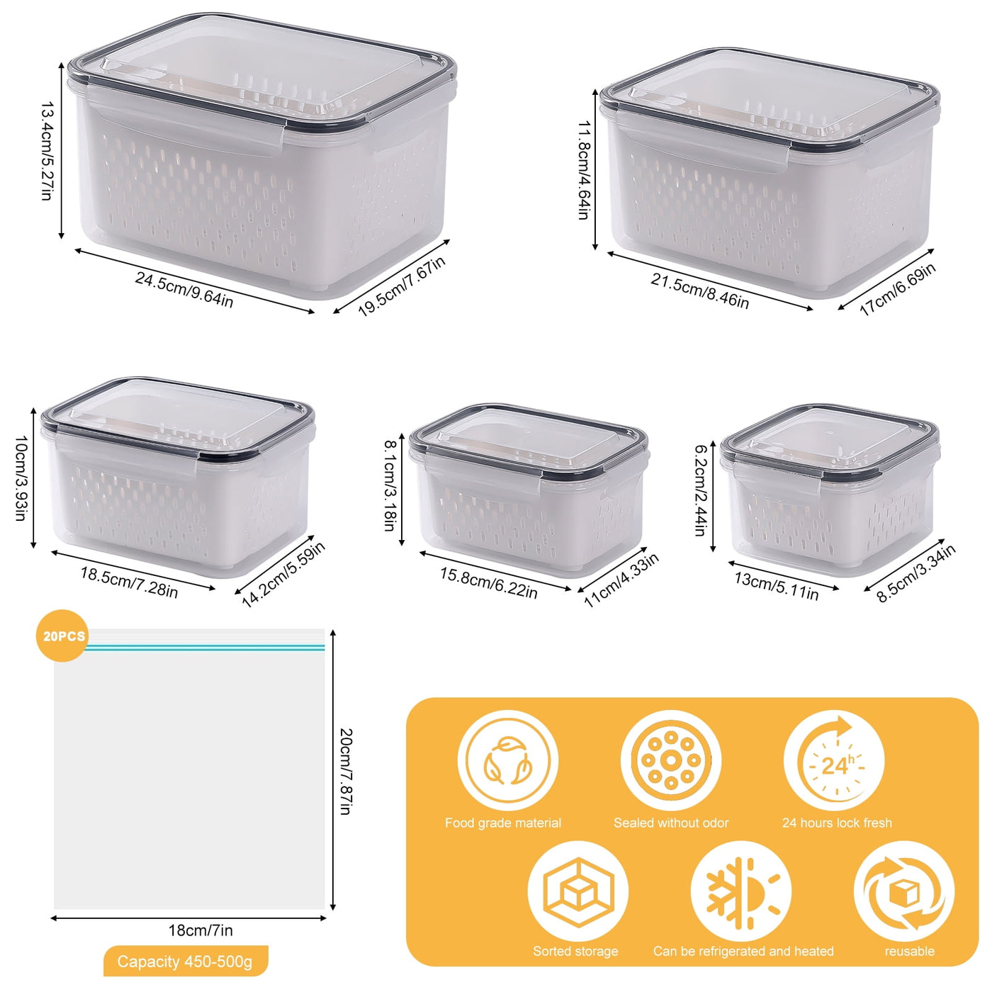 5-Pack Large Airtight Fruit Containers for Fridge, with 20-Piece Fresh-keeping Bags, Leakproof Food Storage Containers with Removable Colander