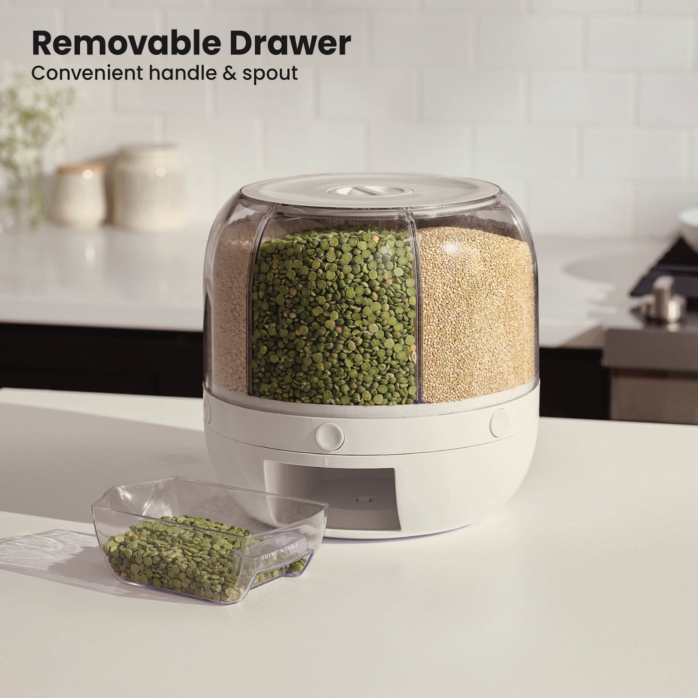 6 Section Rotating Food Storage Dispenser with Removable Drawer, White, for Pantry Organization, Meal Prep and Dry Food Storage