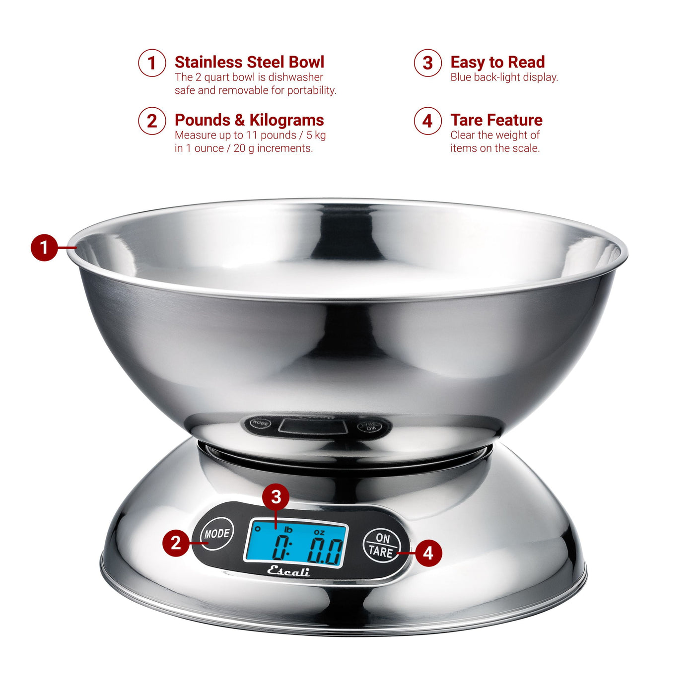 Rondo Contemporary Kitchen Bowl Scale 2-Quart, Dishwasher Safe Bowl, Measures Liquids and Dray Ingredients, LCD Digital Display, 11lb Capacity