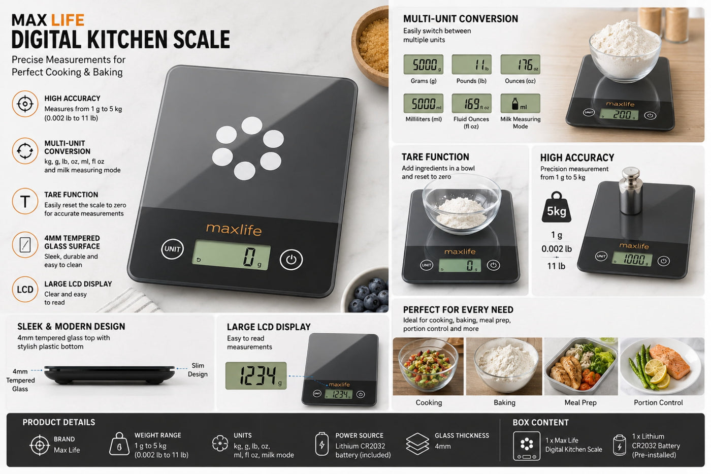 Max Life Digital Scale -tempered Glass, High Accuracy, Tare, Multi-unit Measurement Kitchen Scale, for Accurate Kitchen, Food and Portion Weighing