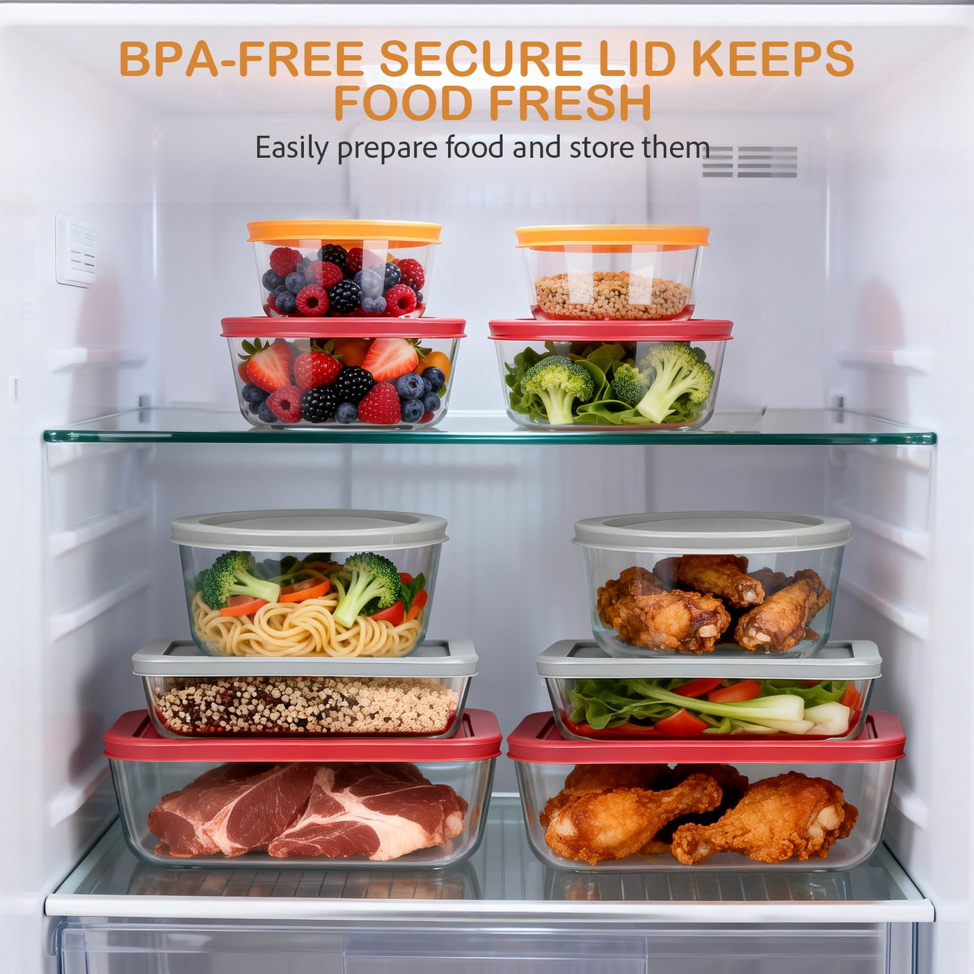 14-Piece Glass Food Storage Containers with Lids (7 Containers and 7 Lids), Stackable Meal Prep Lunch Boxes and Bowls, BPA-FREE Lids