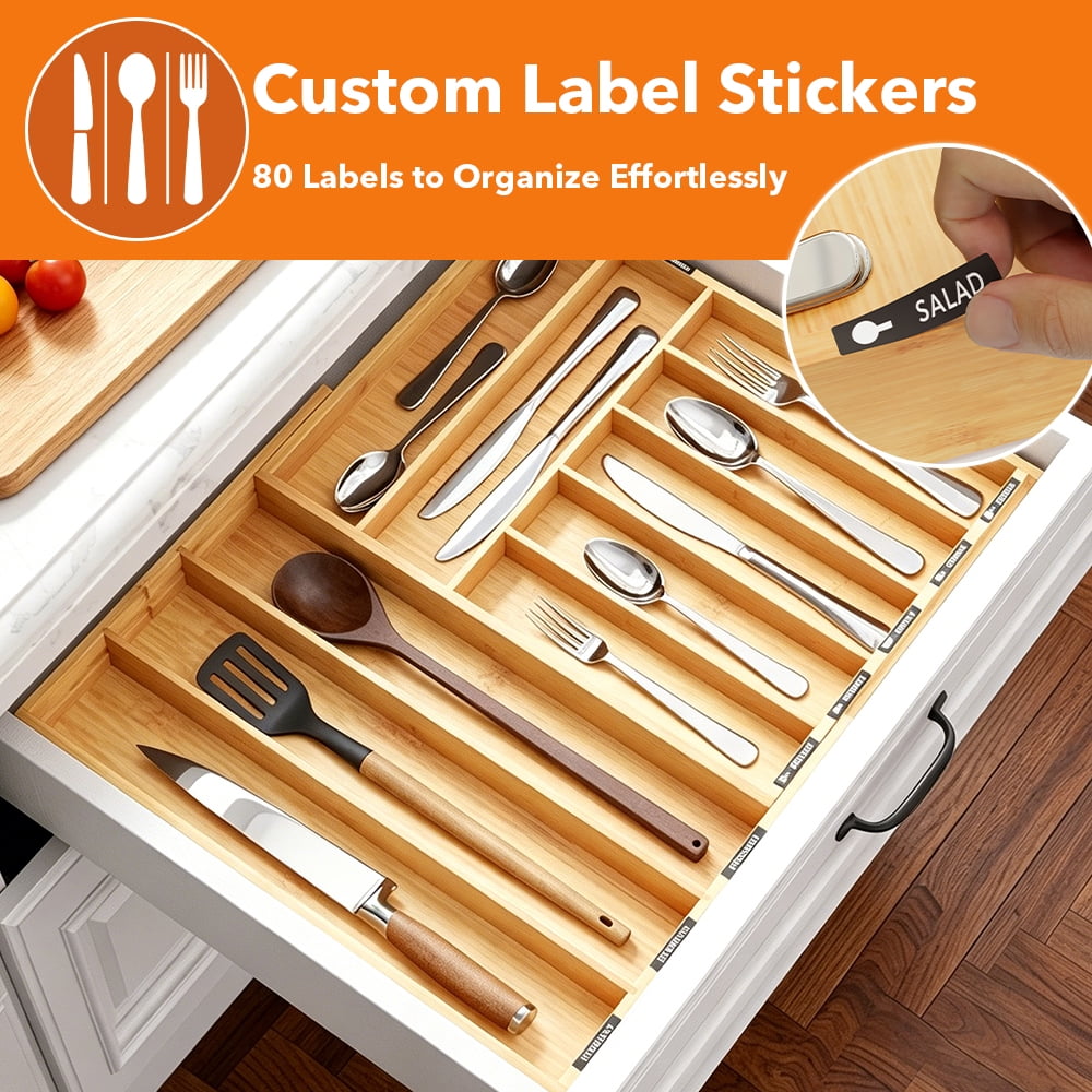 Bamboo Silverware Drawer Organizer with Labels, Expandable Kitchen Utensil Tray for Cutlery, Spoons and Knives, 10 Slot Drawer Organizer (natural)