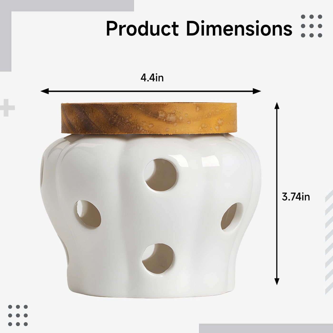 White Ceramic Garlic Keeper Jar Container, 4.4 X 3.7 in / 11.2 X 9.5 Cm Food Storage with 12 Vents and Wood Lid