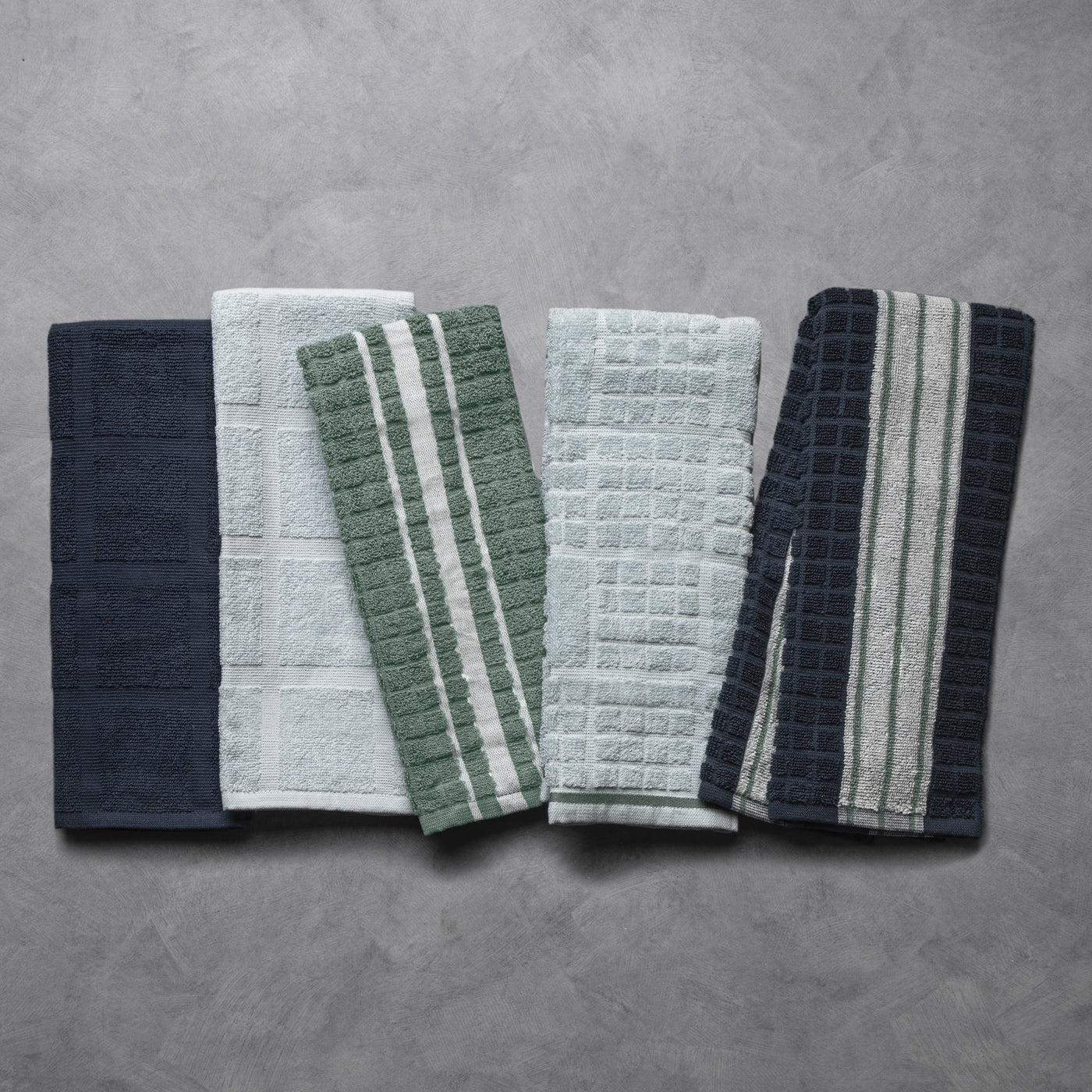 5-Pack Kitchen Towels, Navy, Green, and White Cotton Set, for Drying Dishes, Wiping Counters and Everyday Kitchen Cleaning