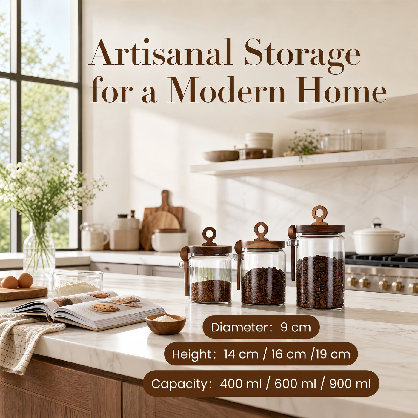 3-Pack Glass Coffee Storage Jars with Pull Ring Wooden Lids and Attached Spoons, Airtight Clear Glass Canisters with Wood Scoop Holder for Coffee