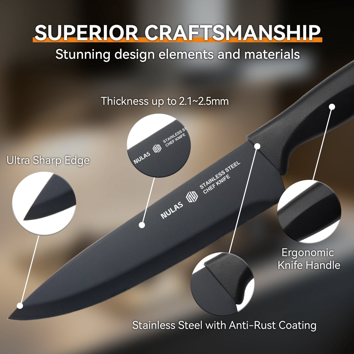 Set, 15-Piece Kitchen Knife Set with Block, Self-sharpening, Dishwasher Safe Knives and Anti-slip Handles, Black