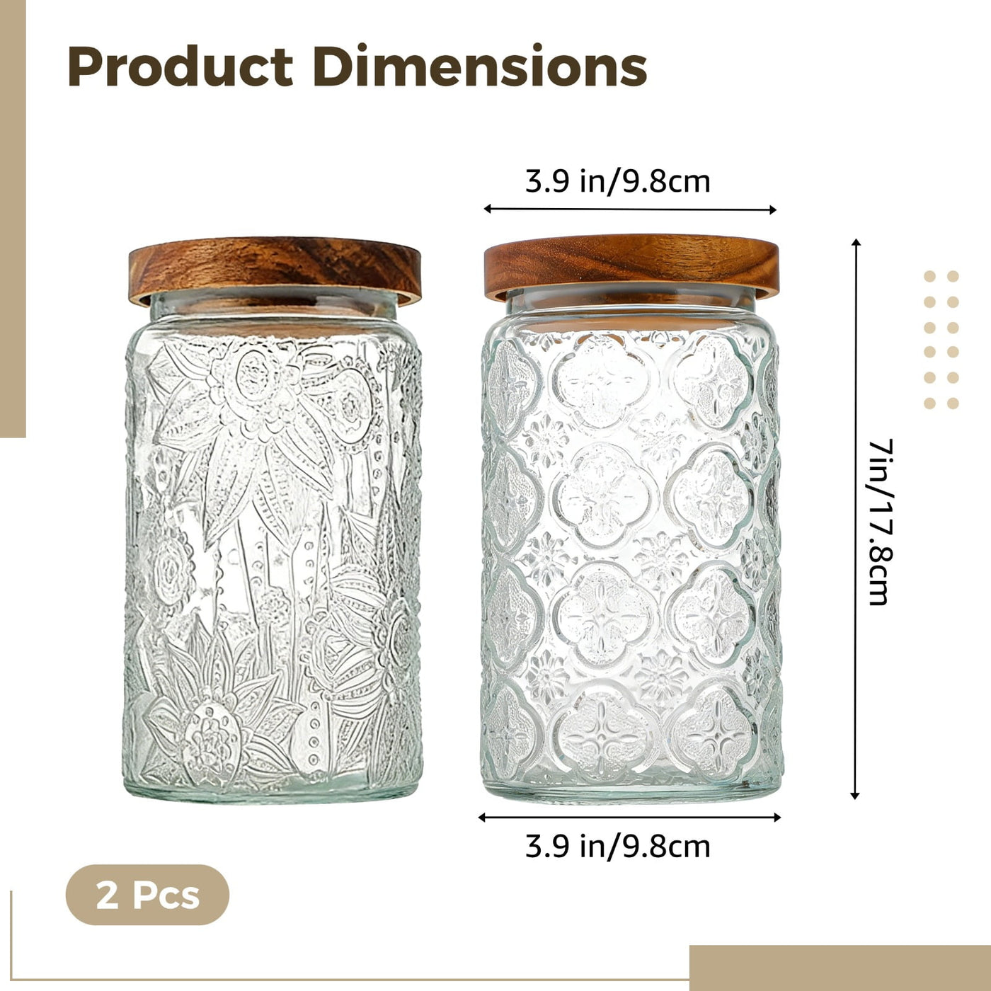 2-Piece Vintage Kitchen Canisters, 34 Oz / 1000 Ml Embossed Flower Pattern Glass Food Storage Containers with Airtight Wood Lids for Candy, Cookie