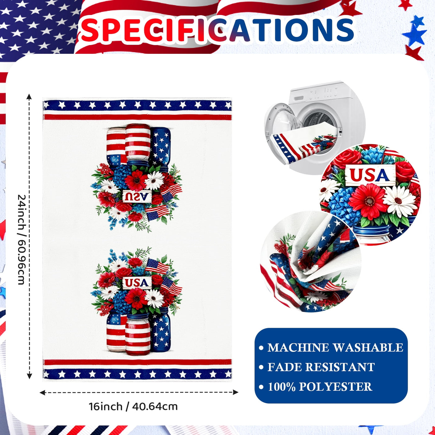 4-Piece 4th of July Patriotic Kitchen Towel, 16" X 24" American Flag Stars Kitchen Dish Towels, Red White Blue Absorbent Hand Towel for Independence