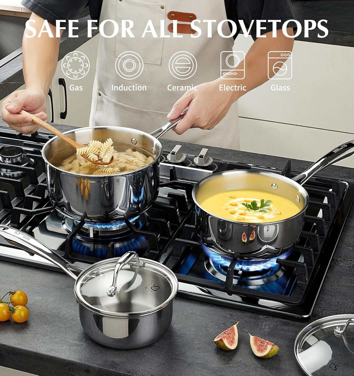 Cs 3-Quart Tri-ply Stainless Steel Saucepan with Lid and Stay-cool Handle, Induction Compatible, Oven Safe